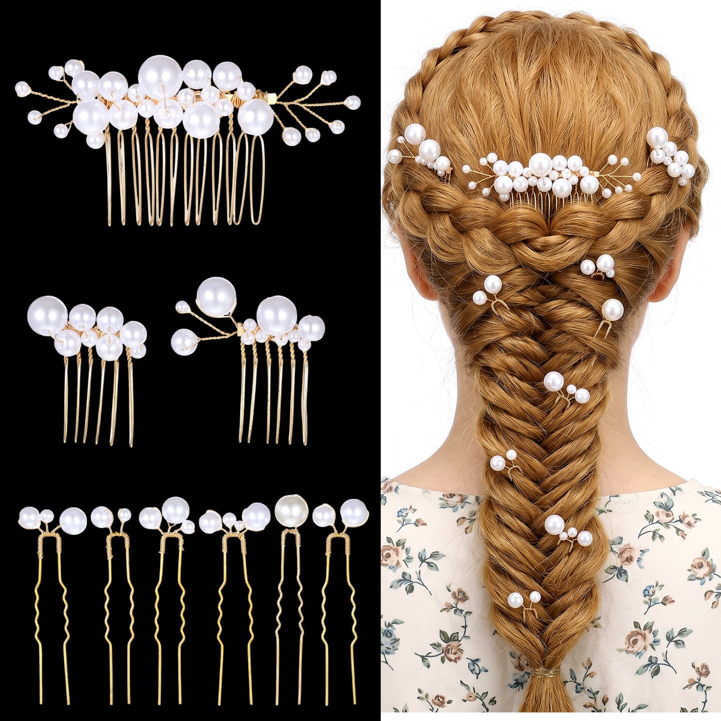 Matwsec 9 Pcs Gold Pearl Hair Pins for Women Wedding Bridal Pearl Hair Combs U Shape Bridal Hair Pieces Jewelry Headpiece Hair Accessories for Brides Bridesmaids Flower Girls