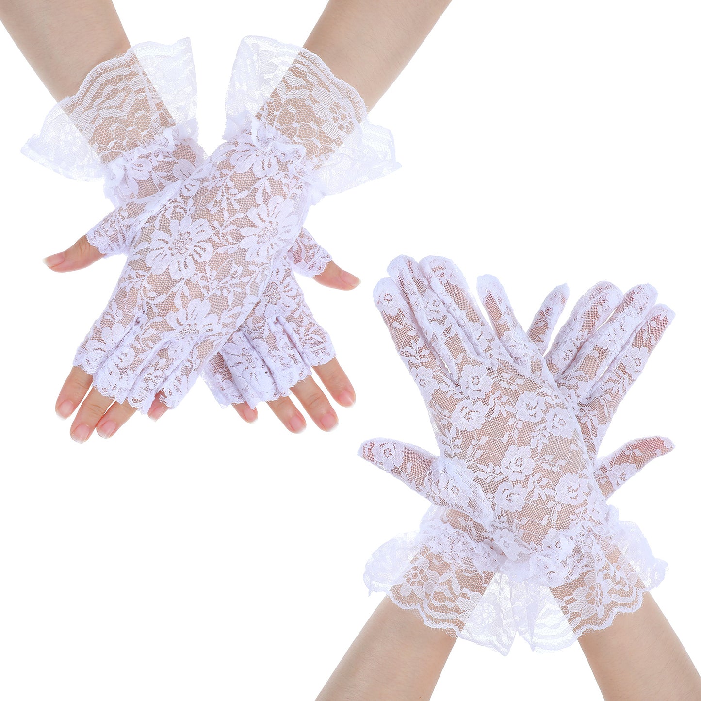 Sorcristy 2 Pairs White Lace Gloves for Women Short Lace Gloves Sunblock Fingerless Bridal Wrist Glove for Tea Parties, Weddings, Opera, Halloween, and Cosplay Events