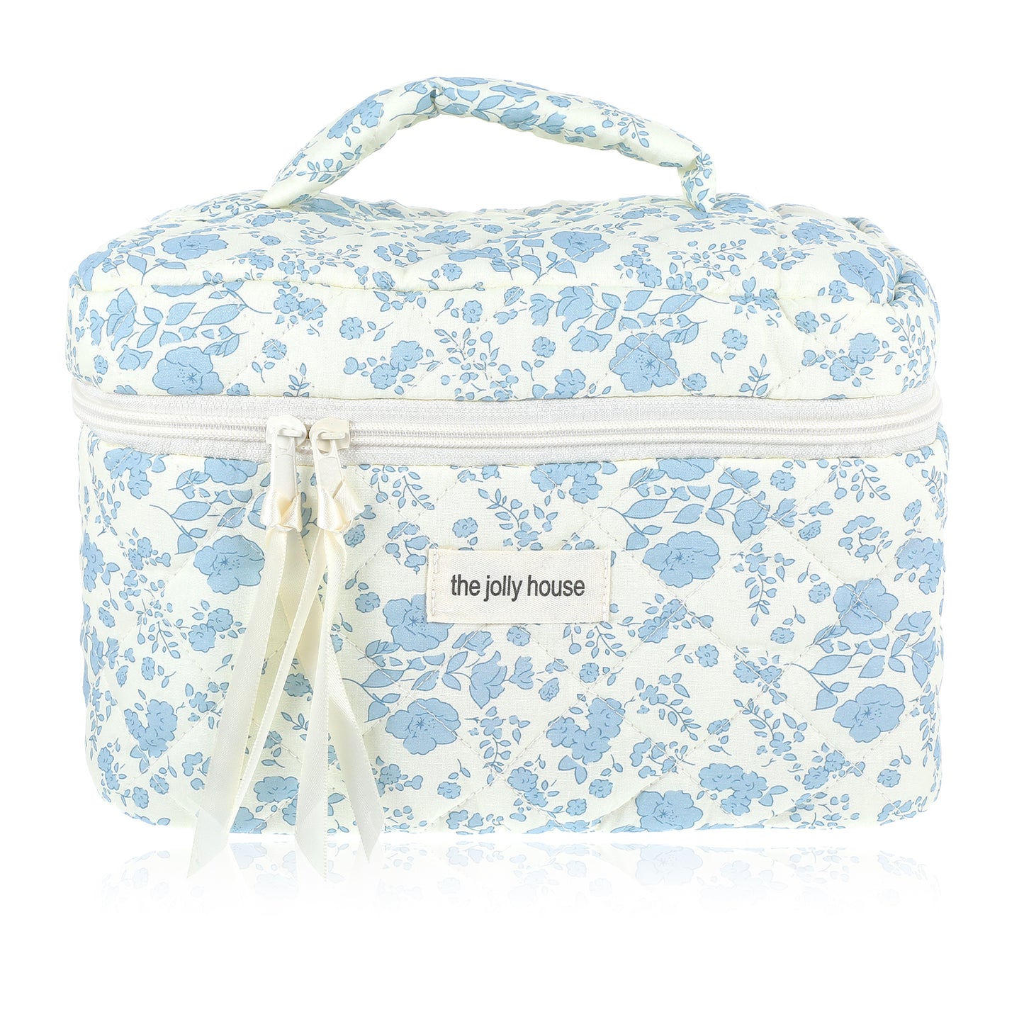 Nogeqi Large Quilted Makeup Bag, Coquette Aesthetic Floral Toiletry Bag, Cute Cotton Travel Cosmetic Bags for Women(Blue Flower)