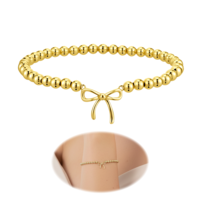 Xinjoduz Gold Beaded Bracelets for Women Non Tarnish, Gold Plated Bead Bow Bracelet Stack Stretch Bangle Trendy Fashion Accessories Tie Knot Ball Bracelet Stackable Jewelry Valentines Day Gifts