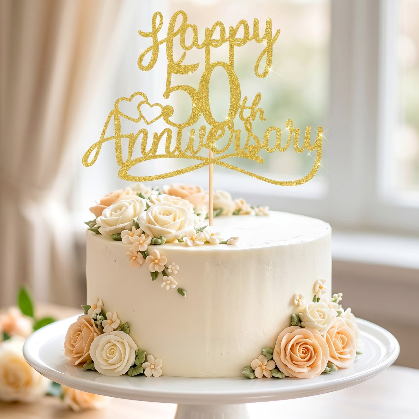 Ymapinc Happy Anniversary Cake Topper, 50th Wedding Anniversary Gold Glitter Cake Decorations, Golden Wedding Topper for Party Celebrations