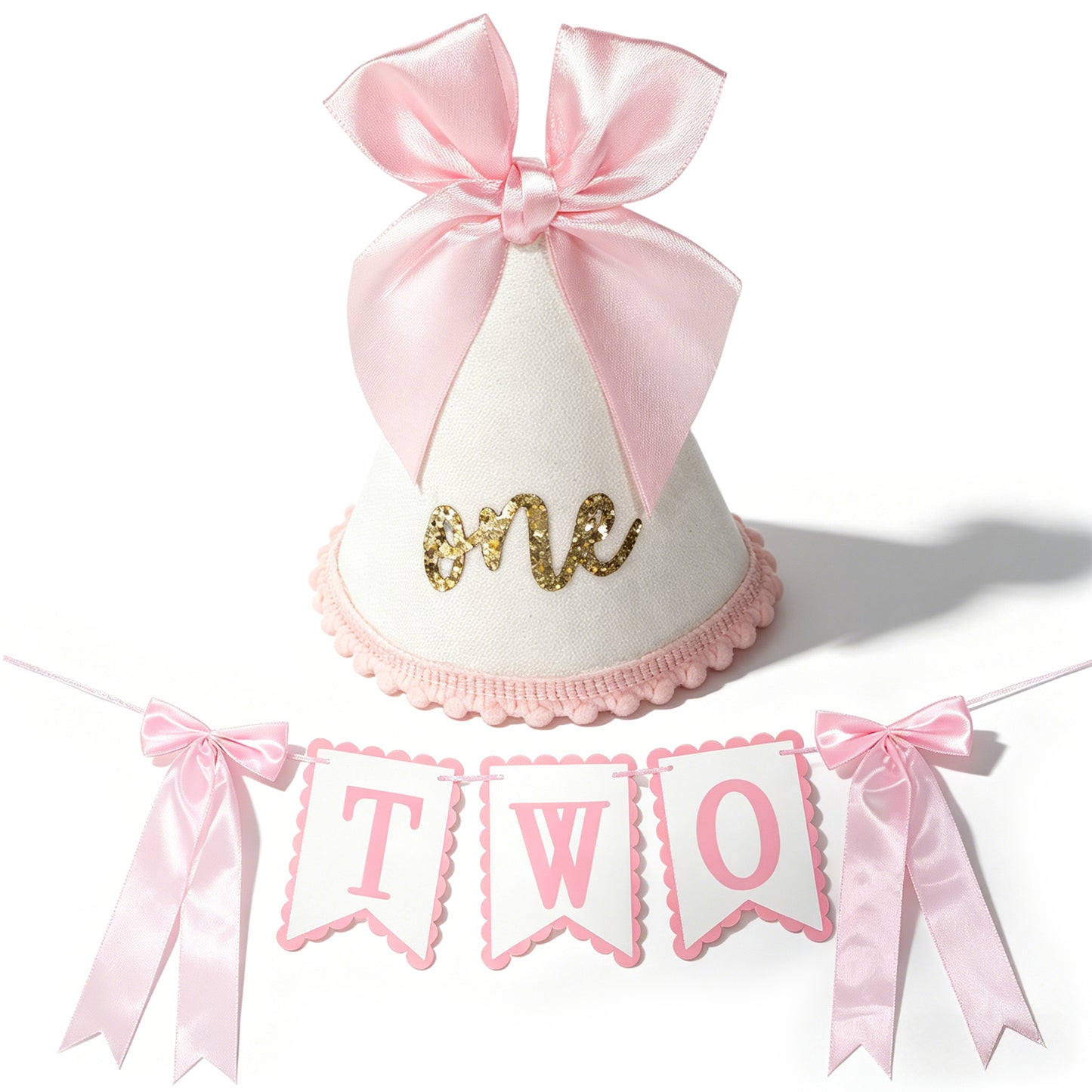 RAHHLIZS Pink Bow 1st Birthday Hat and Cute One High Chair Banner for Baby Girls Glitter Number Cone Hat High Chair Banner with Pink Bow Sweet First Birthday Decorations for Girl Party Decoration