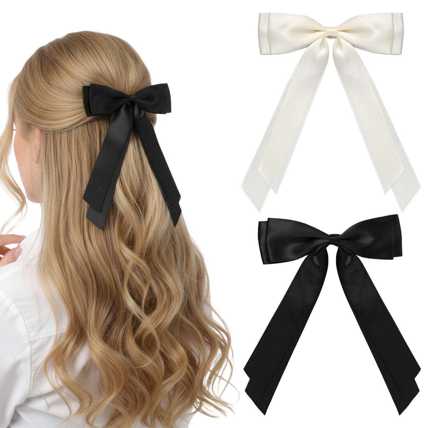 2PCS Bows Hair Clip Hair Ribbons for Women Shimmeroo Solid Satin Ribbon Bow Clips Big French Barrettes with Long Tail Wedding Dress Decor Head Accessories Ponytail Holder(Black,Beige)