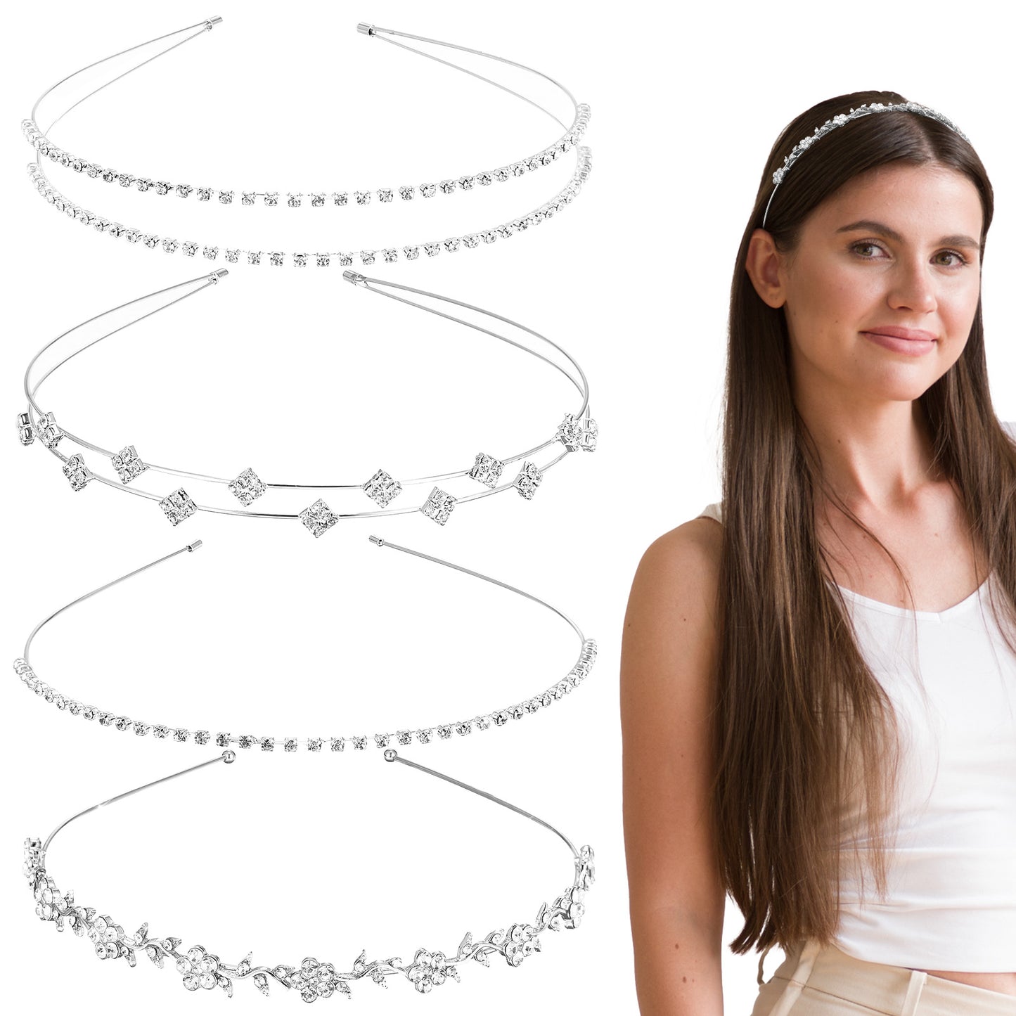 Nogeqi 4PCS Silver Rhinestone Headband, Diamond Crystal Wedding Bride Headband, Flower Leaves Prom Rhinestone Headpiece Hair Accessories for Women Girls