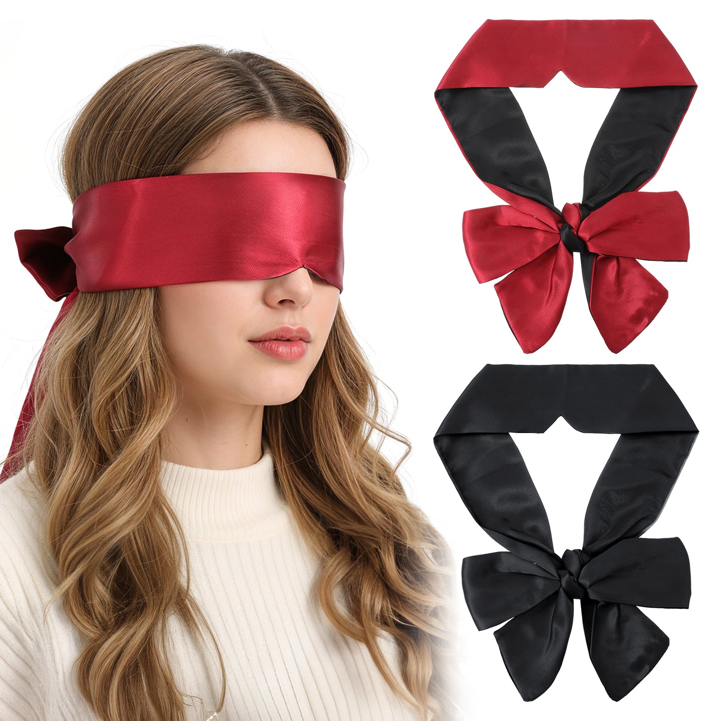 Tyqour 2 Pcs Satin Silk Blindfold for Couples, 59 Inch V-Shaped Eye Covers, Blackout Sleep Mask, Adjustable Eye Blindfold, Soft Travel Blind Folds for Adult Play Women Men Valentine's Day Gift