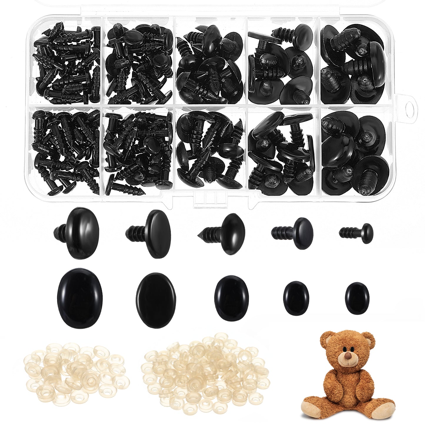 Tyqour 250Pcs 6-17mm Crochet Safety Eyes and Noses, Plastic Safety Eyes with Washers, Assorted Sizes Doll Eyes, Stuffed Animal Eyes Gift for DIY Crochet Lovers Stuffed Animals Making Supplies