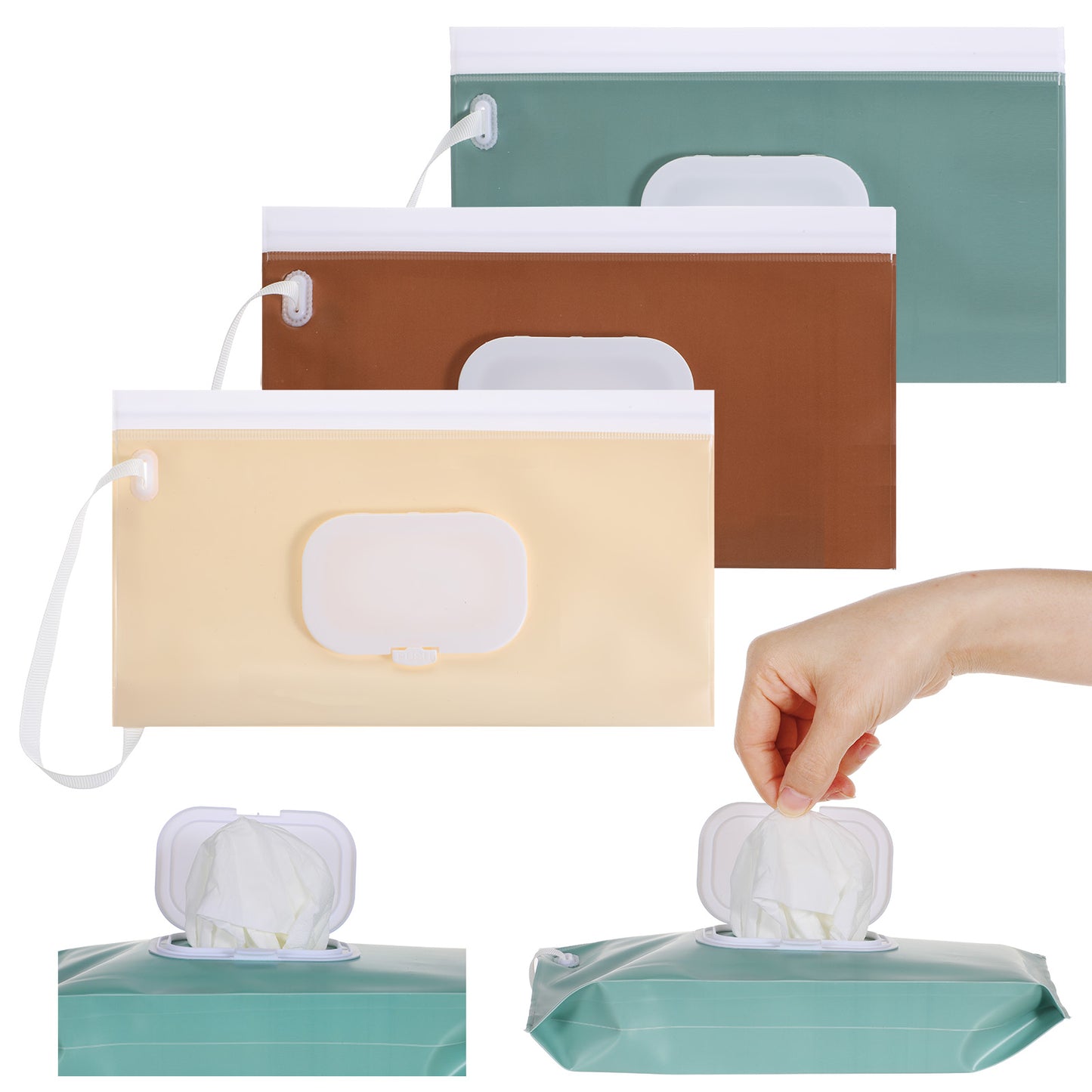 Nogeqi 3 Pcs Travel Wipes Case,Reusable Baby Wipe Dispenser, Portable Baby Wipe Holder with Ring, Wipes Container Pouch for Outdoor Outing, Camping, Hiking(Good Sealing Performance)
