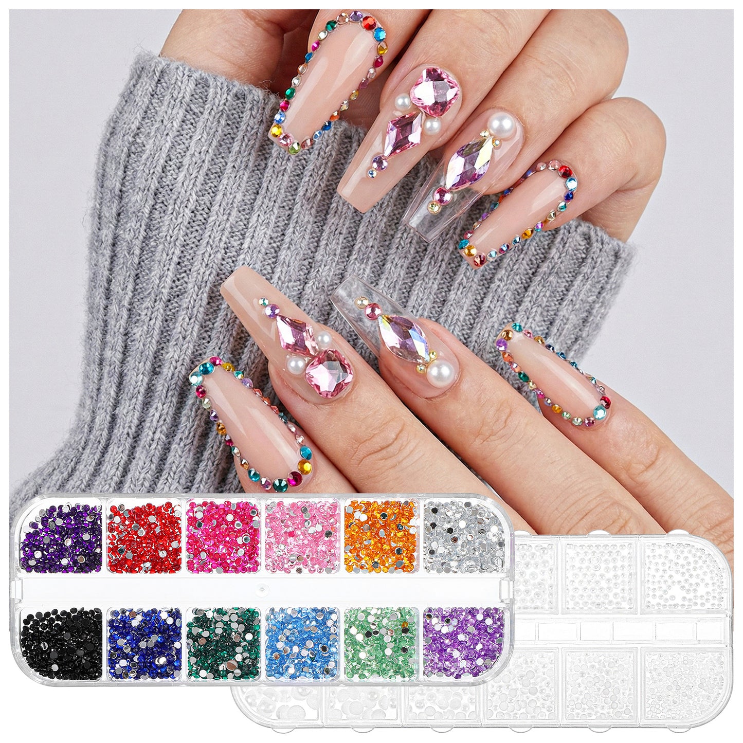 2 Boxes Nail Rhinestones Kit, Nail Gems and Charms, Colorful Nails Art Rhinestones, 3D Flatback Rhinestone, Pearl and Crystals Gems Nails Accessories Multi Shape Pearls Jewels for Crafts