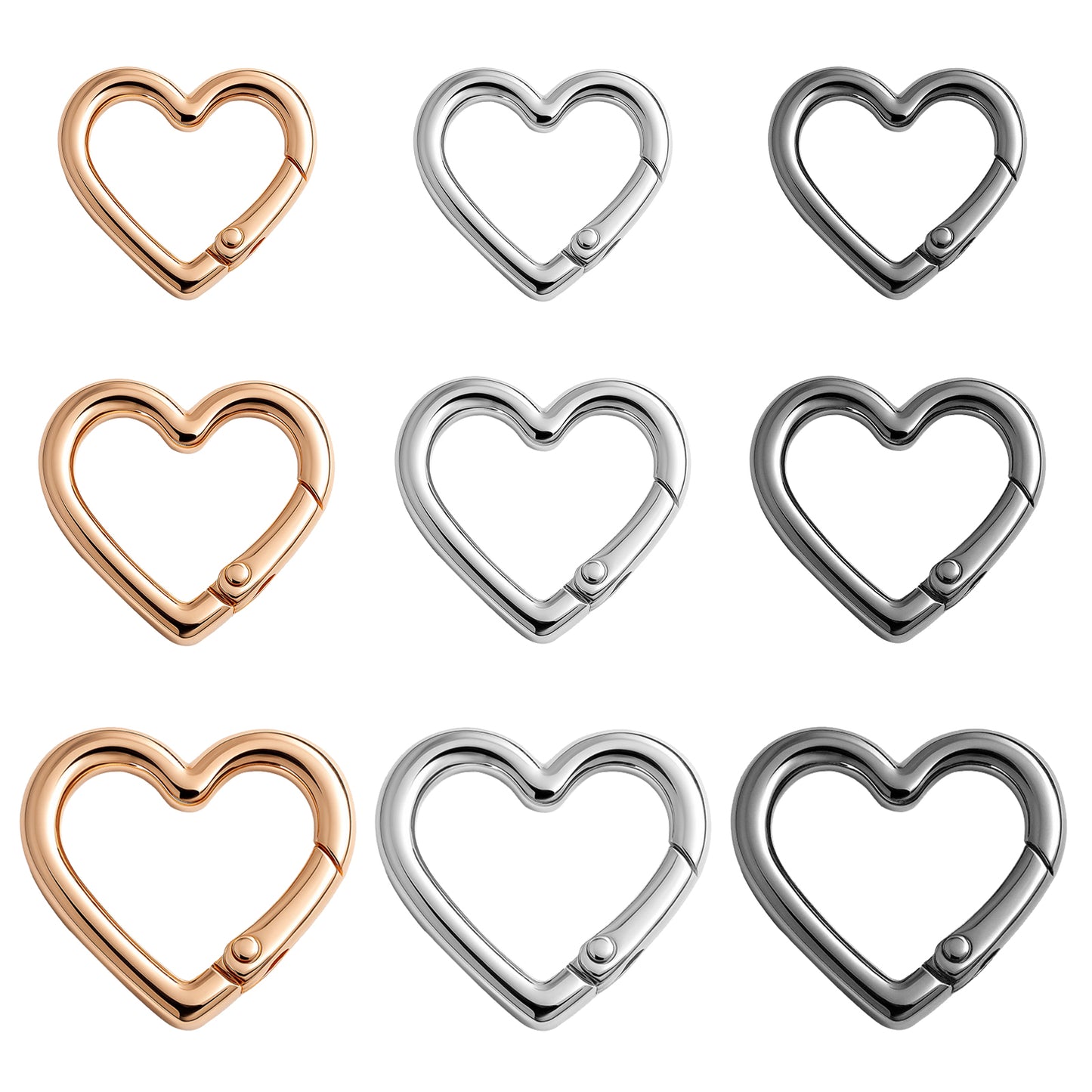 9 Pcs Heart Shaped Carabiner Clip Set 3 Sizes Zinc Alloy Heavy Duty Heart Keychain Clip Spring Snap Clasp Hook for DIY Crafts Camping Hiking Fishing Women Gifts (Silver Black Light Gold)