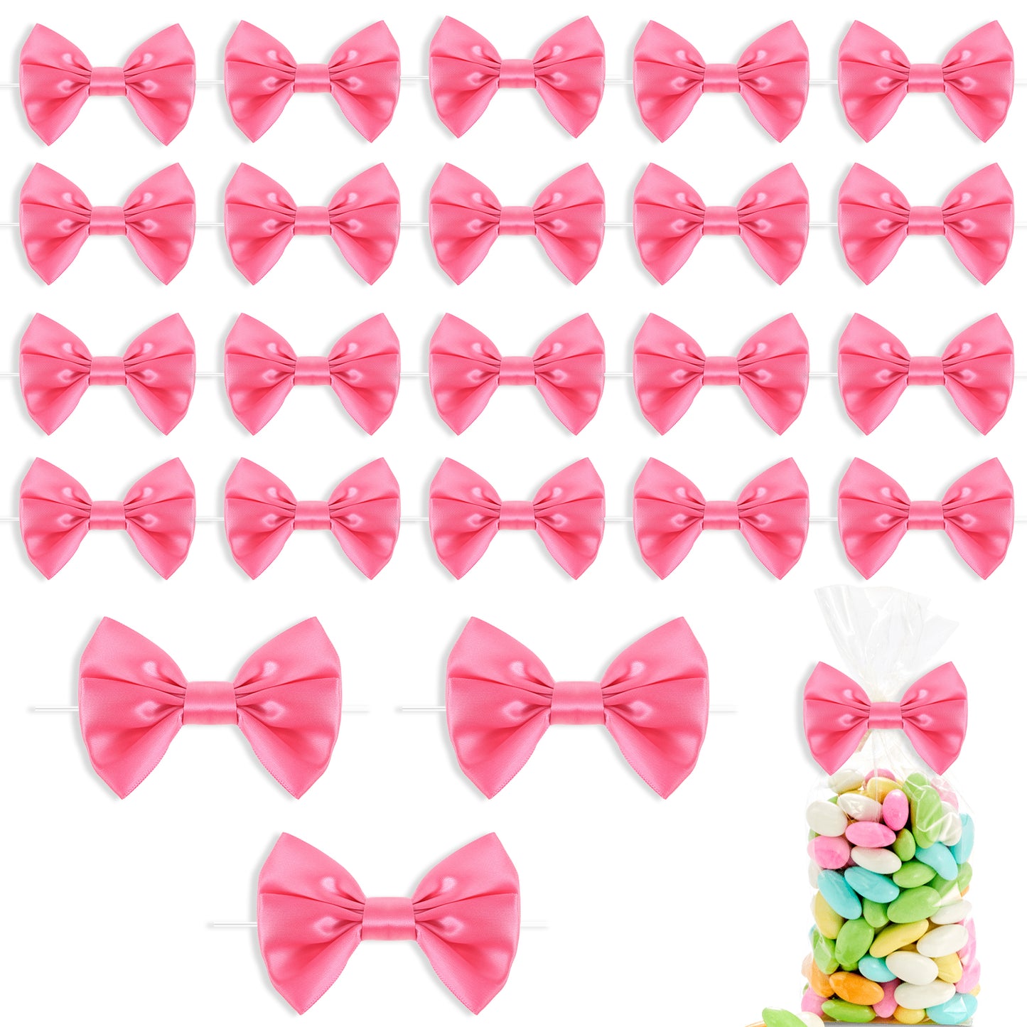 Tyqour 24Pcs Hot Pink Twist Tie Bows Satin Ribbon Bows Gift Wrap Bows Pink Bows for Gift Wrapping Treat Bags Gift Bags Baby Shower Birthday Party Wedding Gift Decorating