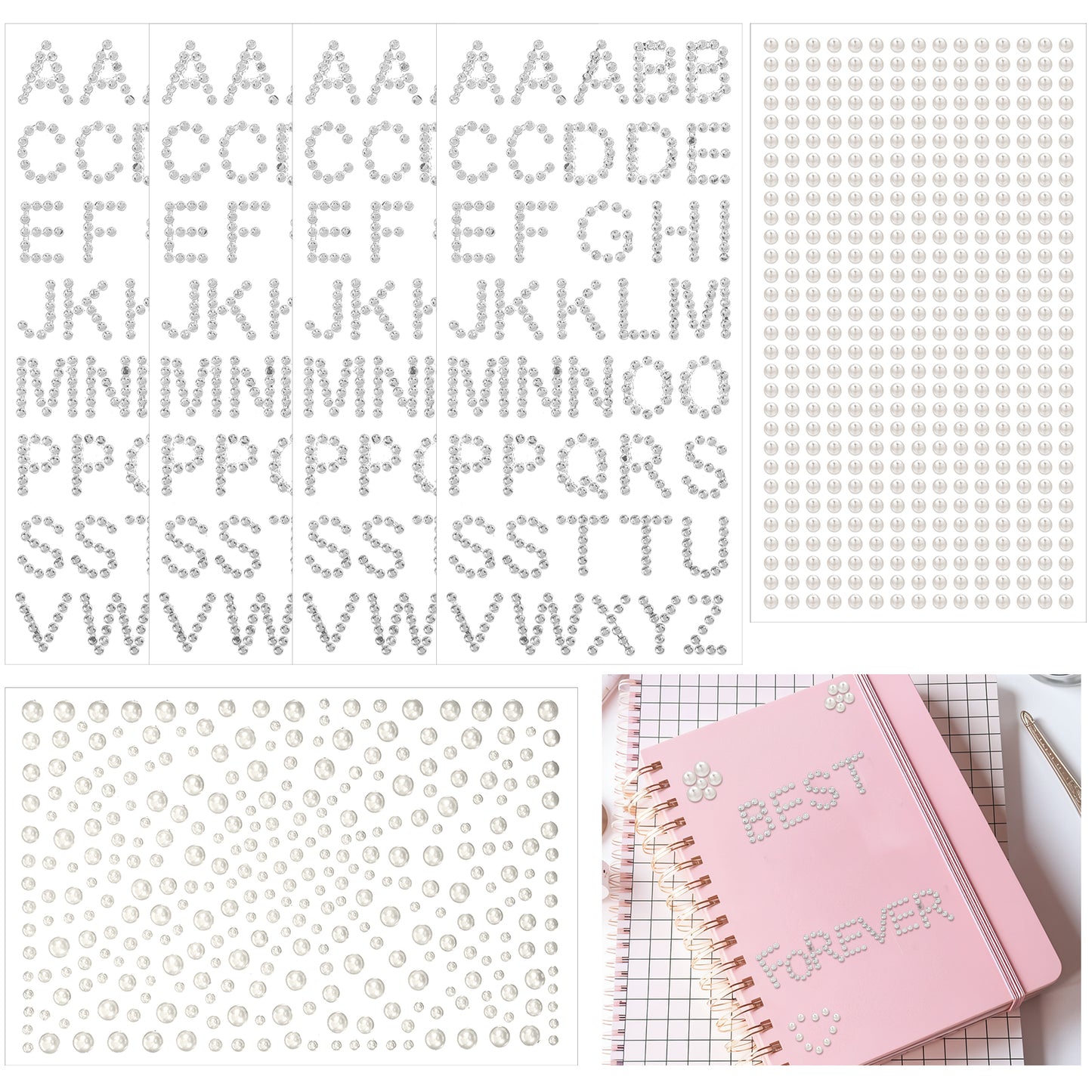 Ymapinc 6 Sheets 935pcs Pearl Letter Stickers?Letter Stickers for Scrapbooking for Crafts, Stick On Pearls for Scrapbook, Crafting, Hair Face Makeup