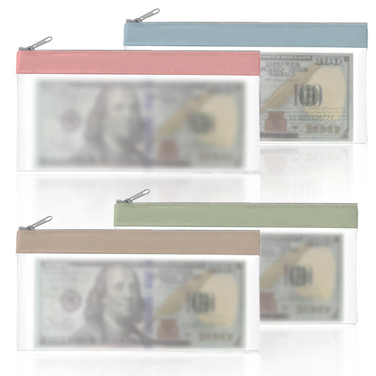 Xinjoduz 4 PCS Money Bags with Zipper, 8.28"×4.13" Plastic Cash Envelopes Money Envelopes for Cash Saving Women Men Bank Deposit Bags for Cash Coins Checks Receipts Passports Organizer Tool (4 Color)