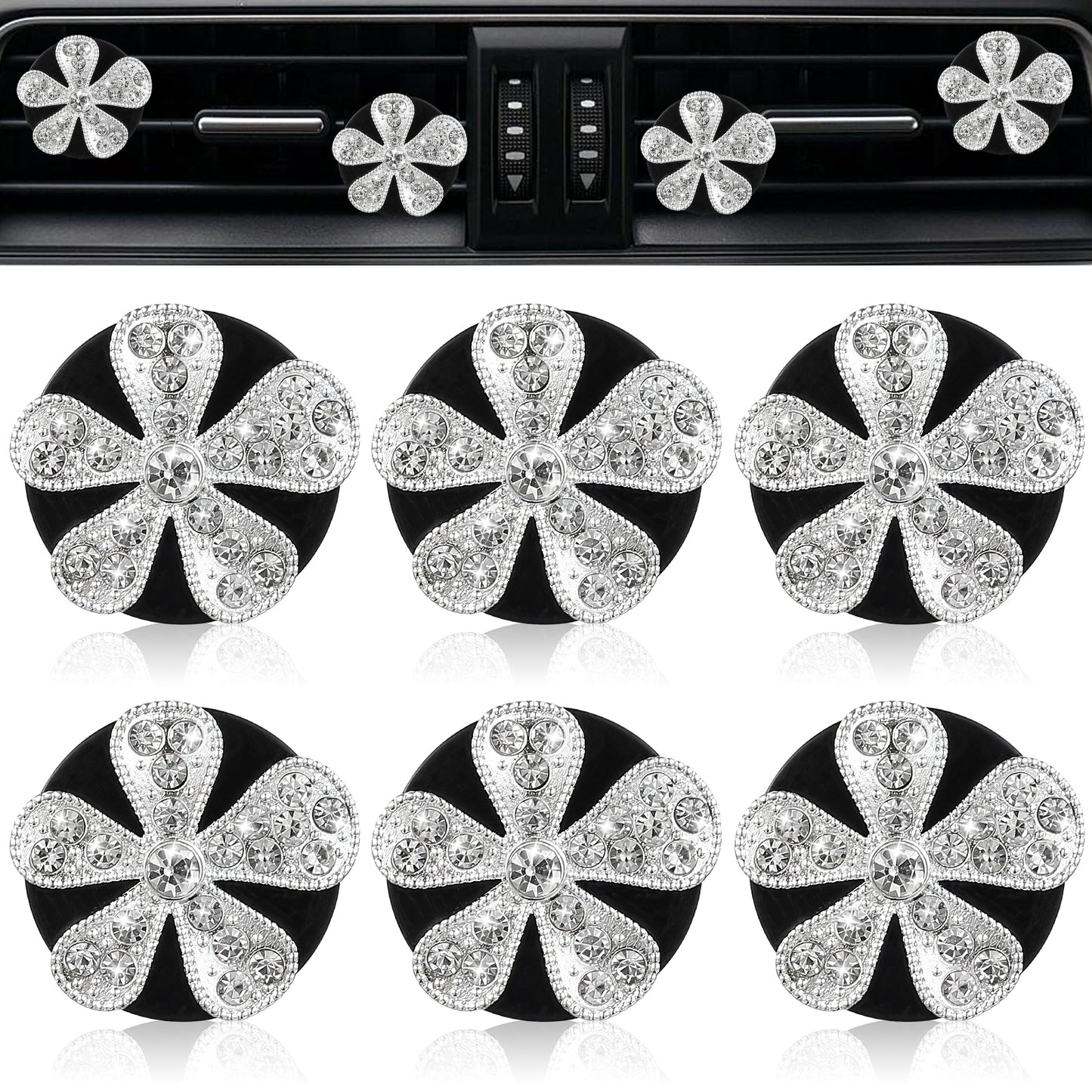 6Pcs Bling Flower Car Vent Clips Cute Daisy Car Air Freshener for Women Diamond Air Vent Clips Vehicle Accessories Diffuser Rhinestone Automob Interior Decoration Charm Diamond Decor Gift (Silver)