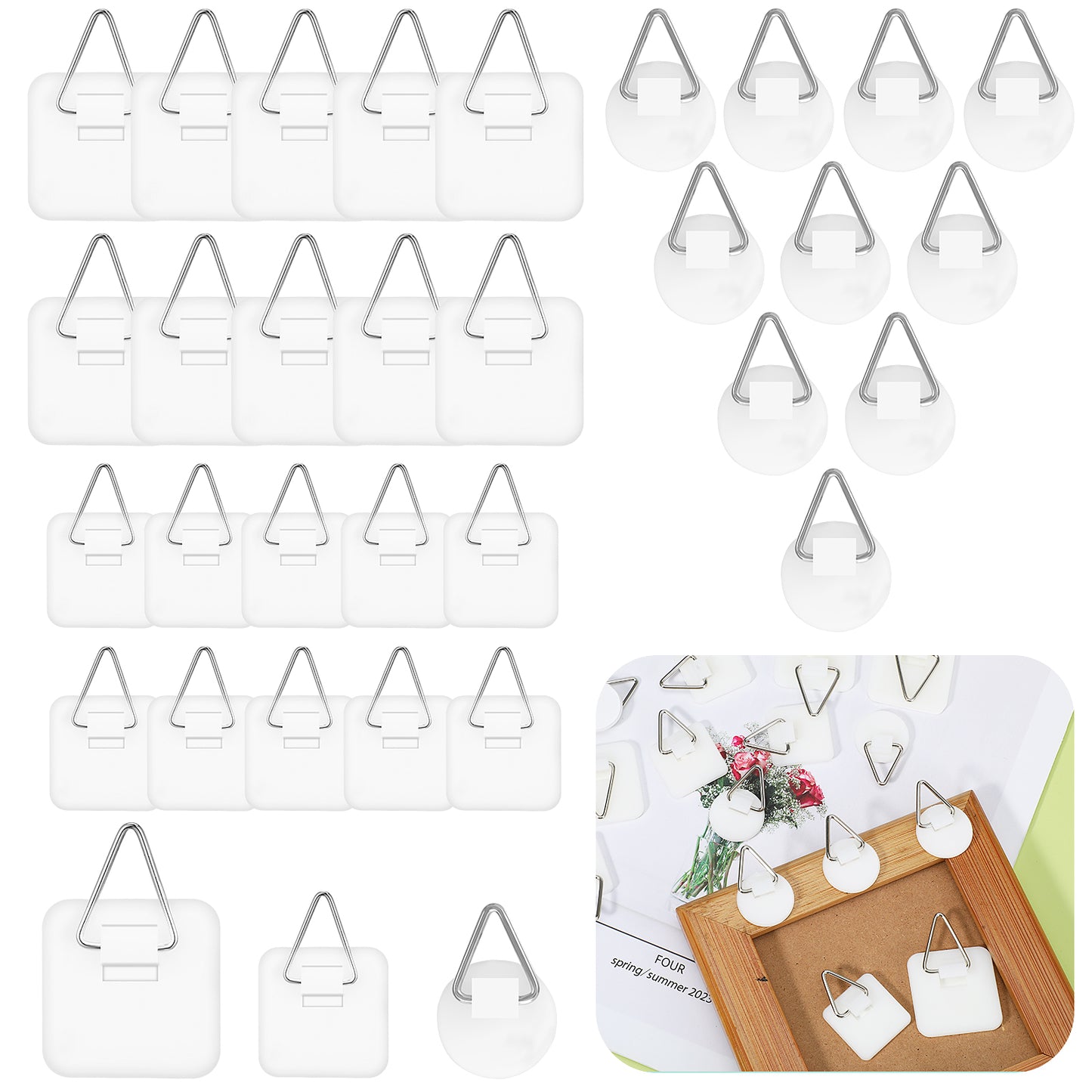 Xinjoduz 30 PCS Adhesive Picture Hangers, White Foamboard Picture Hanging Hooks Wall Hangers Without Nails Plastic Vertical Plate Holders for Wall Picture Photo Frame Plate Art(Square & Circular)