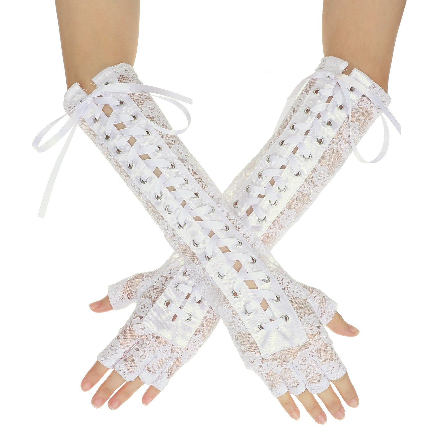 Shimmeroo White Lace Gloves,Fingerless Gloves Elbow Lace up Steampunk Costume Arm Warmer,Steam Punk Goth Witch Sleeves for Costume Party Halloween Cosplay 1920s 1980s Costumes Accessories,One Size