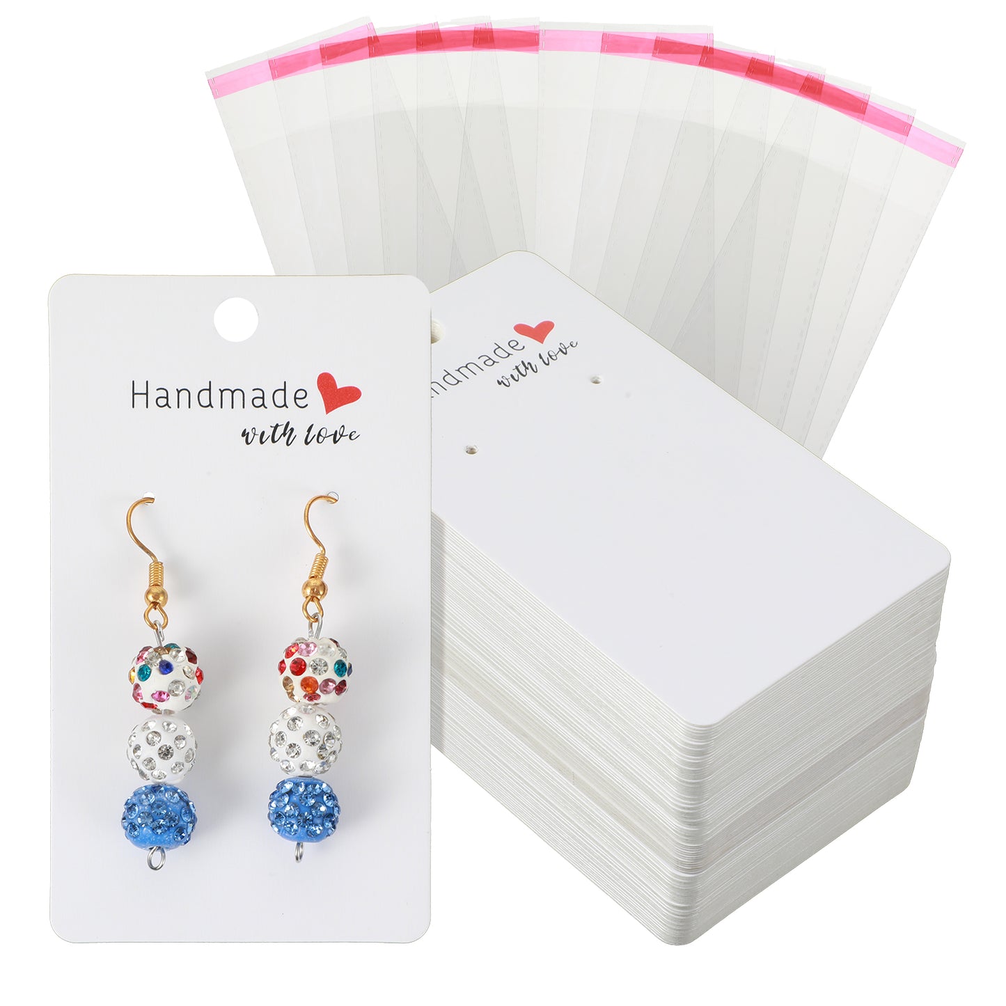 Nogeqi 100PCS 2x3.5 Inch Earring Display Cards with 100PCS Self Adhesive Bags, White Handmade with Love Earring Holder Cards for Selling Jewelry Necklace Display Hanging Retail