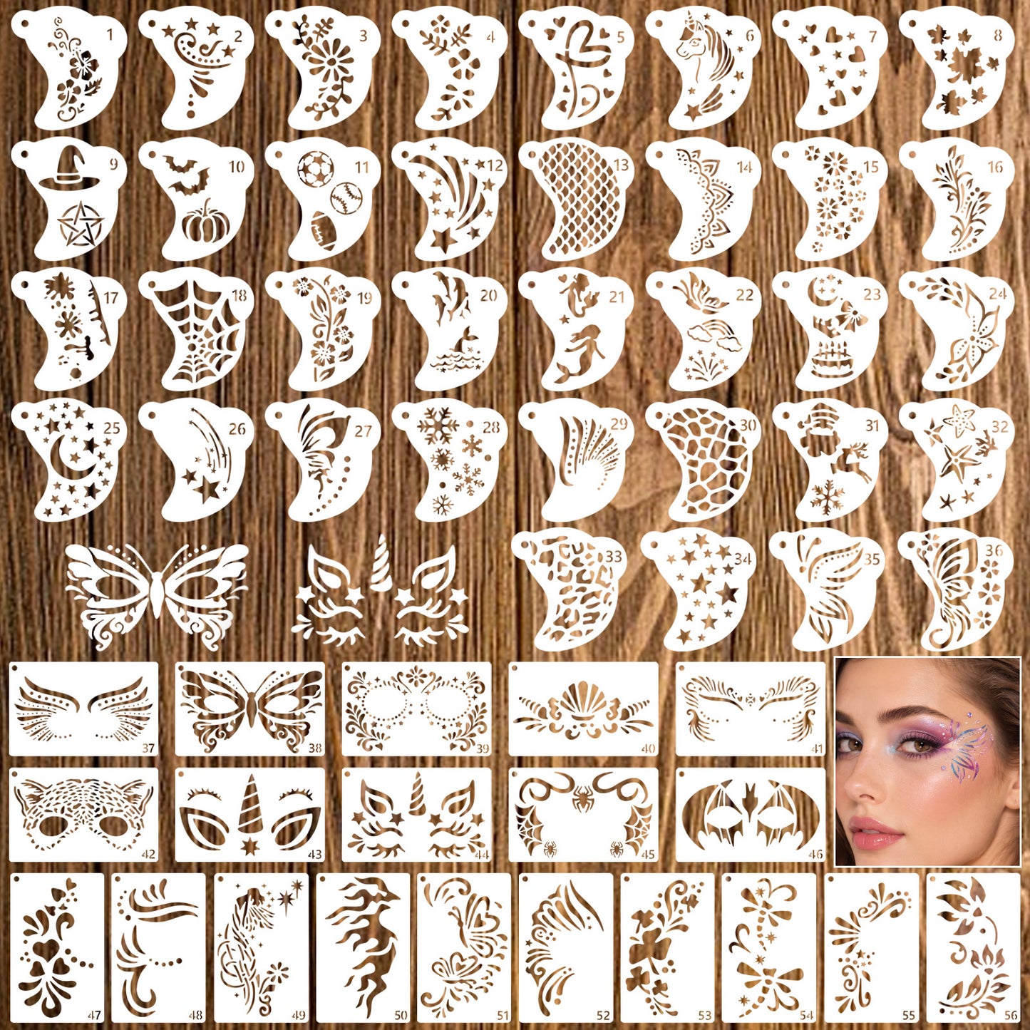 Matwsec 56 Pcs Face Paint Stencils Reusable Halloween Body Tattoo Stencils