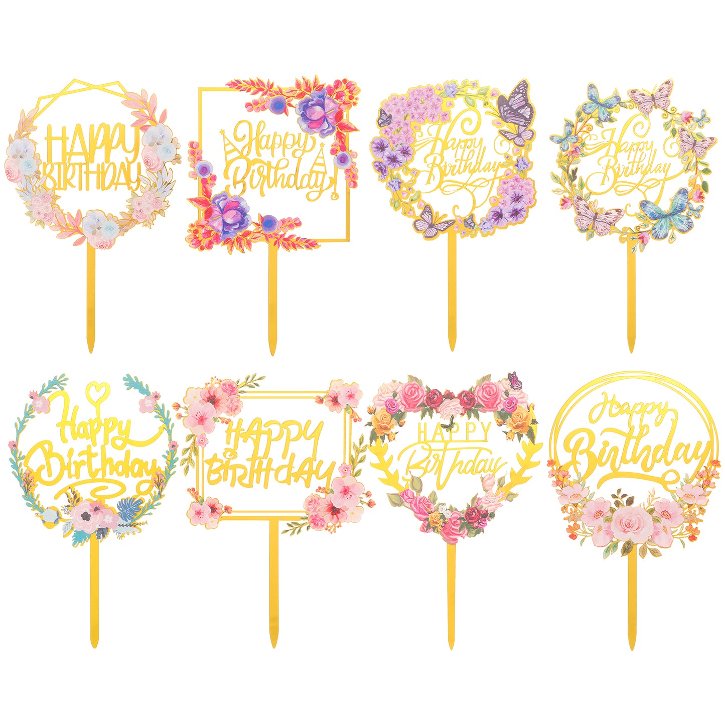 Tyqour 8Pcs Gold Happy Birthday Cake Topper Flower Acrylic Cake Topper Butterfly Cupcake Toppers Boho Cake Decorations For Birthday Cake Decorations Supplies