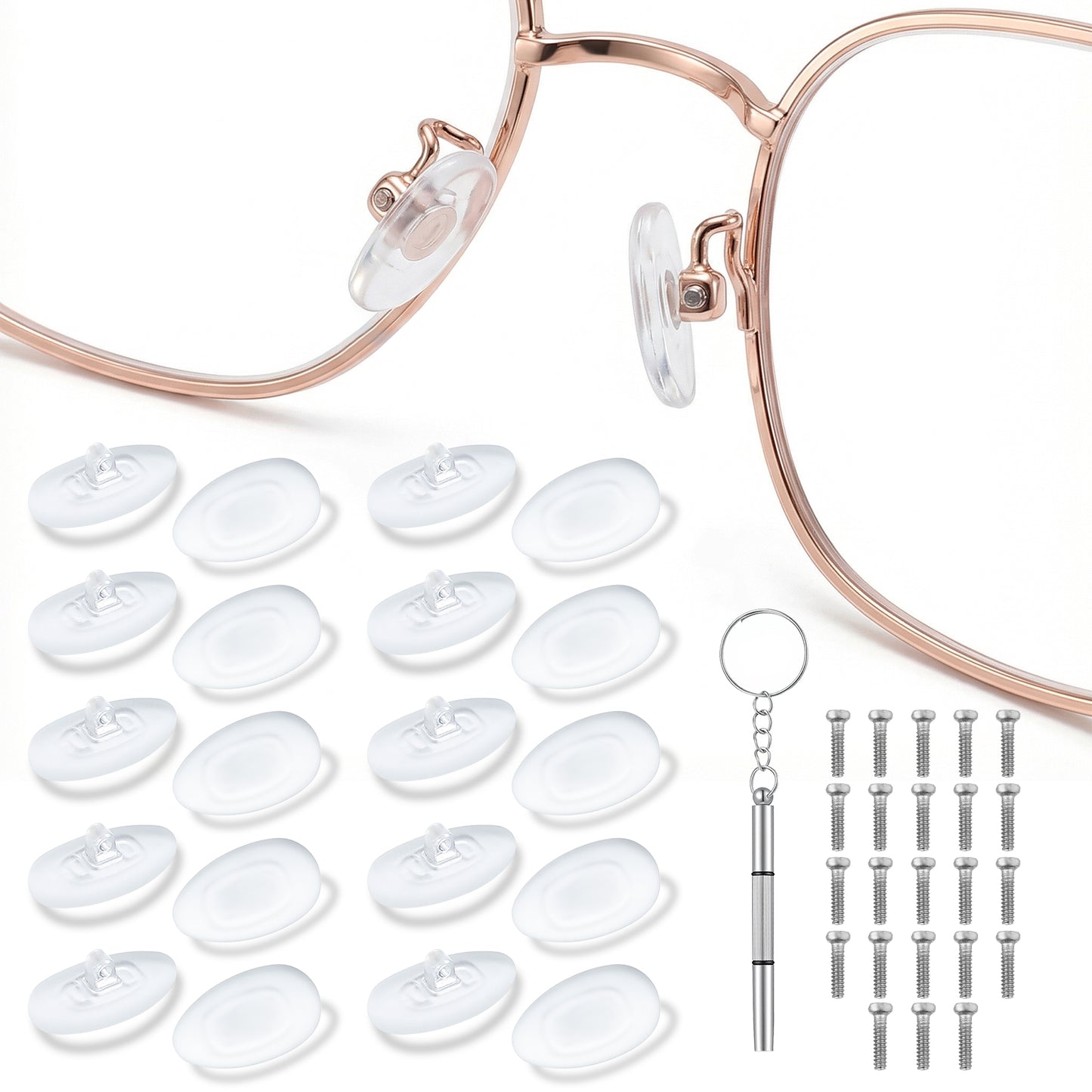 Shimmeroo 10 Pairs Silicone Glasses Nose Pads, Soft Anti-Slip Screw-in Nose Pads D-Shaped Eyeglass Grips Fit for Optical Sunglasses with Screws & 3-in-1 Screwdriver(Clear)