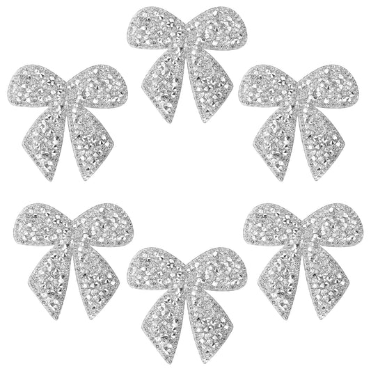 Xinjoduz 6 PCS Bowknot Patches, 2.24 in Silver Rhinestone Applique Embroidered Patches Shiny Bowknot Sew on Patches Sparkling Crystal Iron Patches for Clothing Bags Jeans Hats Backpacks DIY Craft