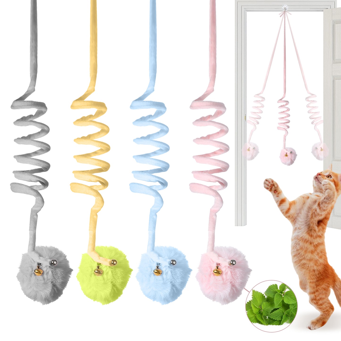 Sorcristy 4 Pcs Hanging Fluffy Cat Ball Toys with Bell, Interactive Retractable Cat Teaser for Indoor Cats, Adjustable Height Door Toy for Kitten Chase Exercise and Play