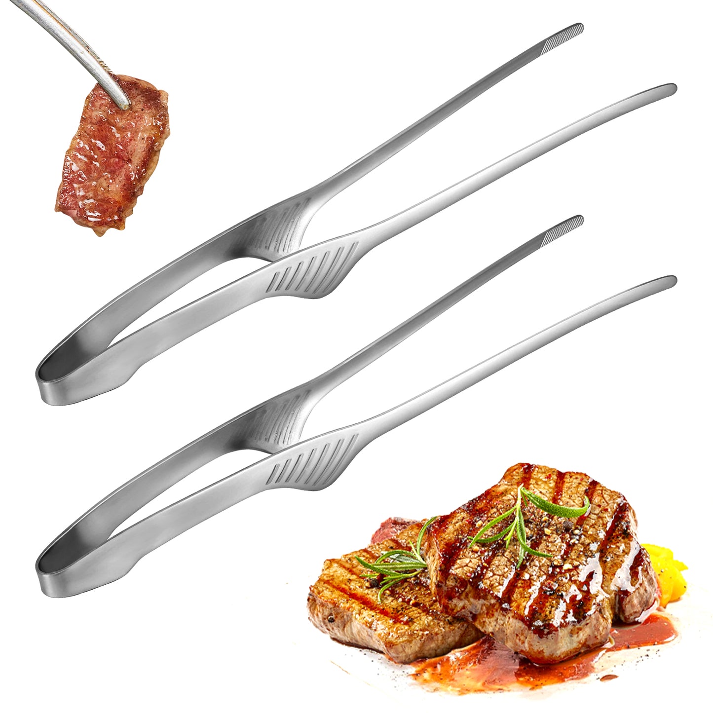 2Pcs Kitchen Tongs for Cooking, Stainless Steel Cooking Tongs Tweezers for Serving BBQ, Long Clamp Tool for Serving Food, Meat, Salad, Fish, Steak, Barbecue, Buffet