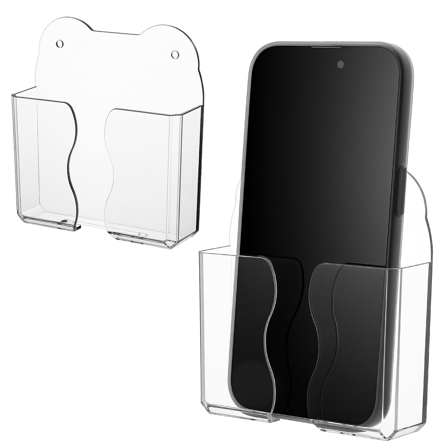 Xinjoduz 2 PCS Wall Mounted Phone Holder, Clear Plastic Self Adhesive Bedside Cell Phone Stand Cradle with Charging Hole, Wall Mount Acrylic Smartphone Organizer Remote Control Stand for Home Office