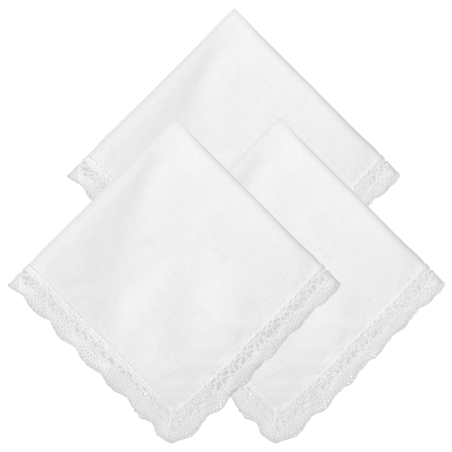 Mabor 3 Pcs White Handkerchiefs for Women - Elegant Lace Scalloped Edges Ladies Hankies, Soft Cotton Blend Floral Pocket Square for Wedding, Bride Gifts, Funeral & Daily Use, 12.2 x 12.2 Inch