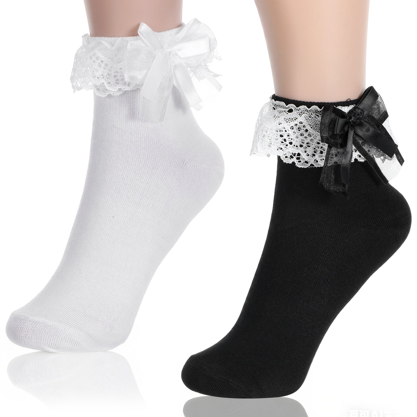 Tyqour 2 Pack Ruffle Ankle Socks Women, Ruffled Socks for Women, Frilly White Black Lace with Ruffles Cotton Princess