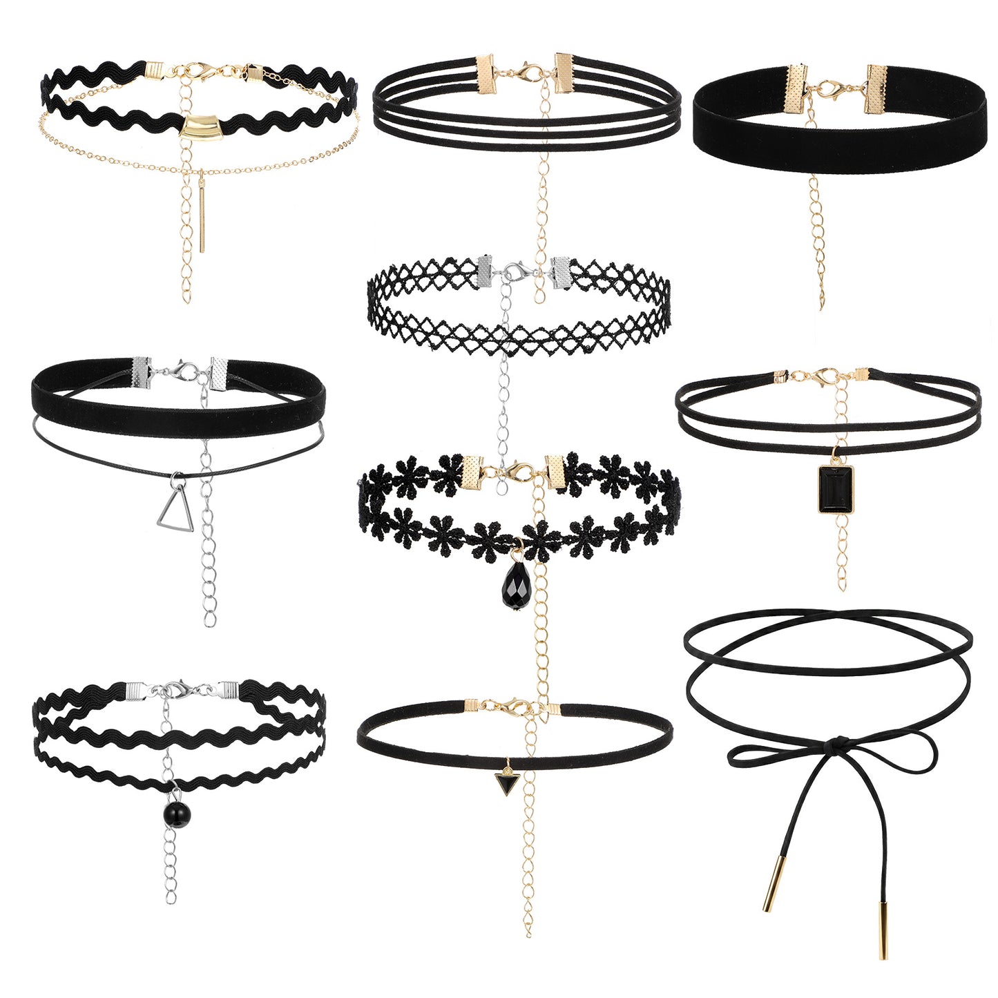 Matwsec 10PCS Black Choker Necklace Adjustable Lace Chokers for Women Gothic Necklace for 90s Goth Jewelry Clothes Accessories