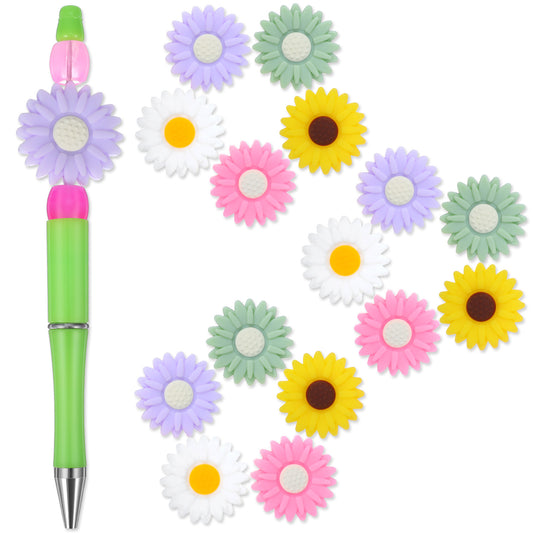 15 Pcs Flower Silicone Focal Beads - Colorful Sunflower Focal Beads for Pen Keychain, Soft Durable Flower Decoration for DIY Bead Pens, Cute Gifts, Jewelry Handmade Crafts, Bracelet Necklace Accessory