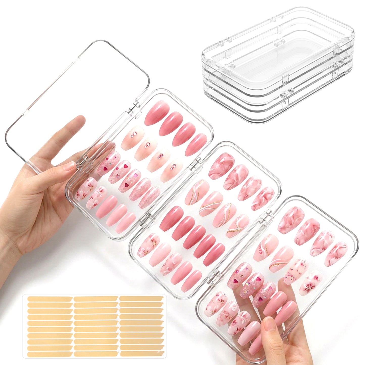 Sorcristy Press On Nail Organizer Case, Tri-Fold Clear Acrylic Empty Storage Box, Portable Storage Box for Fake Nails, Transparent Pet Case With 60pcs Double-Sided Adhesive Tape(5.91×3.15×1.85 Inches