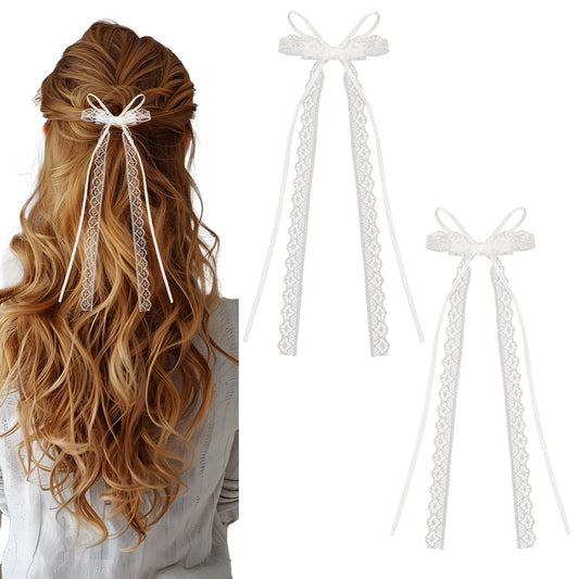 2 Pack White Bow for Hair, Lace Hair Bow with Long Tail Elegant White Bridal Hair Ribbons Cute Tulle Bowknots Tassel Hair Accessory Hair Bows for Women Girls Baby Toddlers Teens Kids