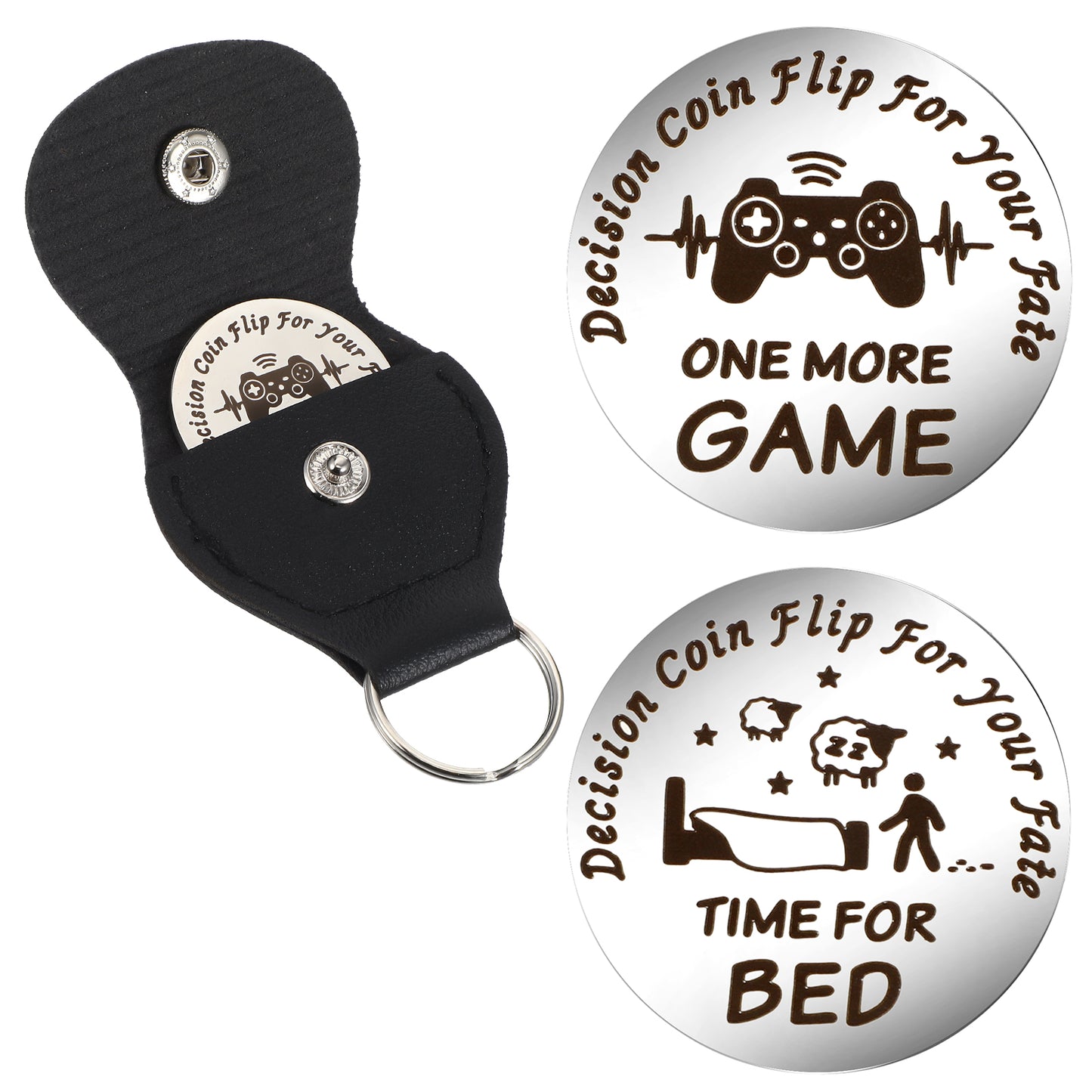 Mabor Decision Coin One More Game/Time for Bed Pocket Hug Coin with PU Leather Case Novelty Double Sided Coin Coin Stainless Steel Decision Maker Coin for Gamers Teens Boys Sons Girls