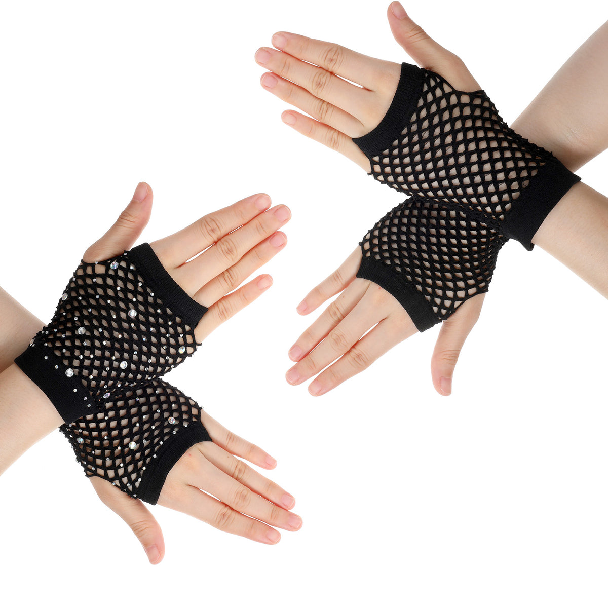 2 Pairs Fishnet Gloves Fingerless Sparkly Short Mesh Gloves for Women Black