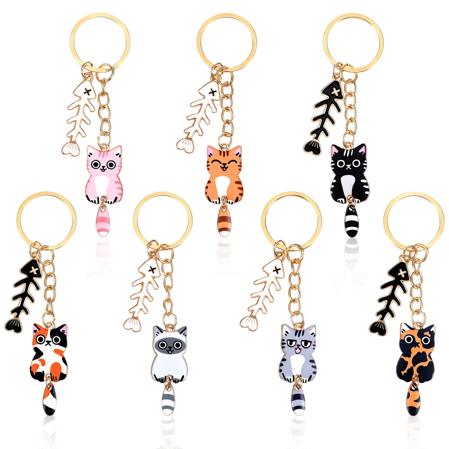Nogeqi 7 Pcs Cat Keyring Cat Gifts for Girls Women, Cute Keychain Cats Key Chain with Fishbone Charm for Handbag Backpack Bag Purse (Tail Can Wag)