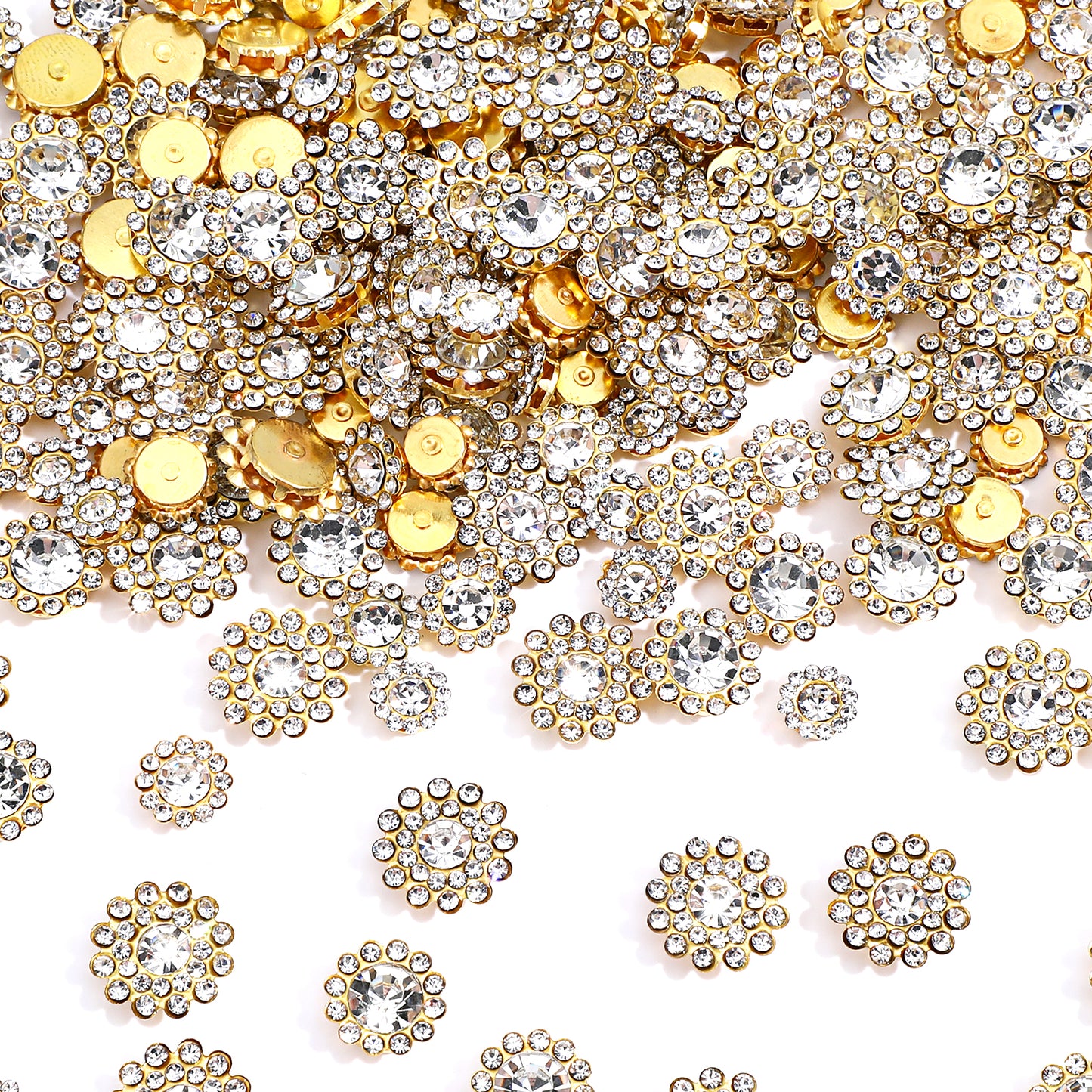 200 PCS Sew on Rhinestones 4 Size Crystal Glass with Metal Base Glitter Sunflower Claw Flatback Rhinestones Beads for Crafting Bedazzling Clothes Hats Bags Sewing Accessories (Gold White)