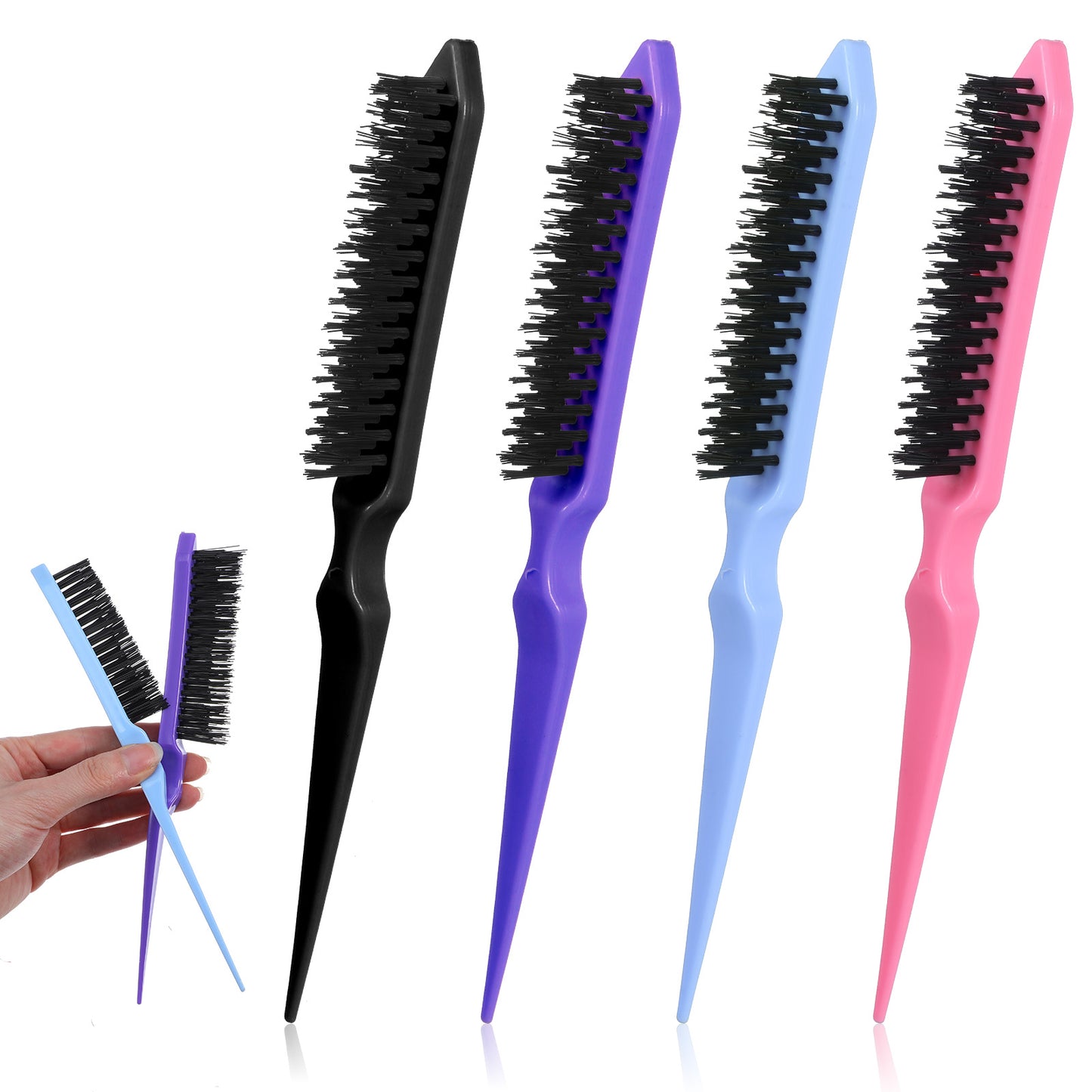 4Pcs Teasing Brush 3 Row Comb for Natural Hair Teasing Combs for Women Root Lifting Scalp Massage (Black Pink Purple Blue)