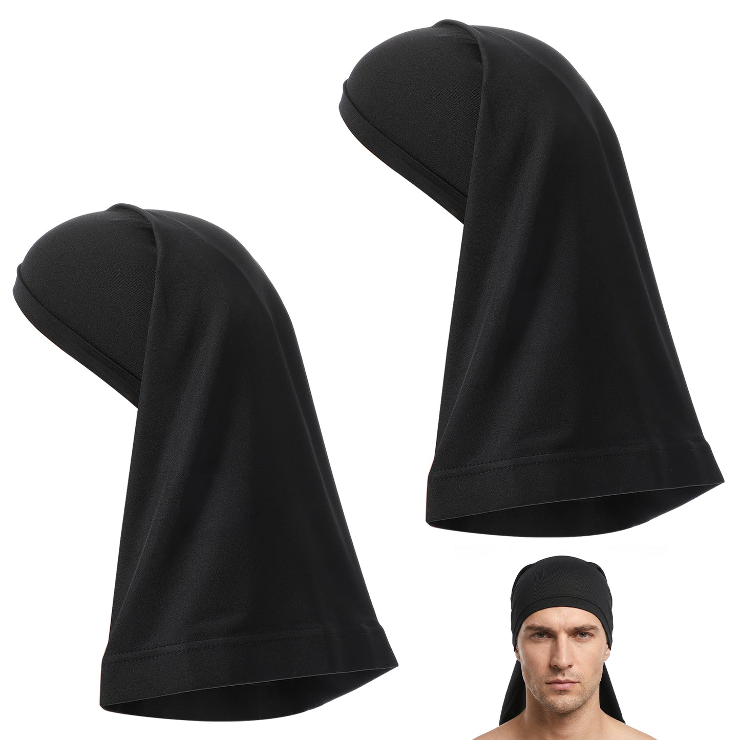 2 Pack Wide Elastic Loc Cap and Long Braid Cover, Silky for Frizzy Hair Smooth, Satin Dreadlock Sleep Bonnet for Sleeping Men Women Black