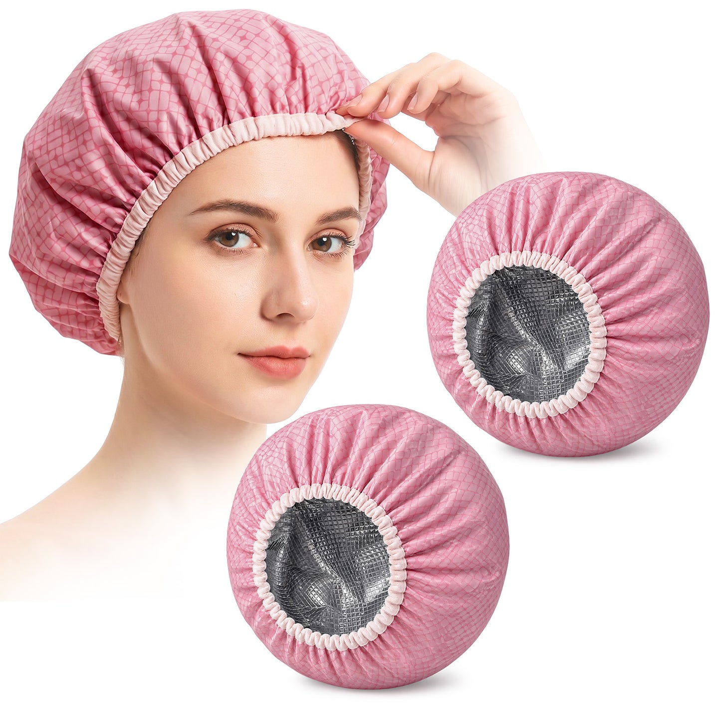 Mabor 2 Pieces Heat Cap for Deep Conditioning, Reusable Aluminum Foil Hair Cap for Home Salon Use, Pink Shower Caps for Hair Dyeing