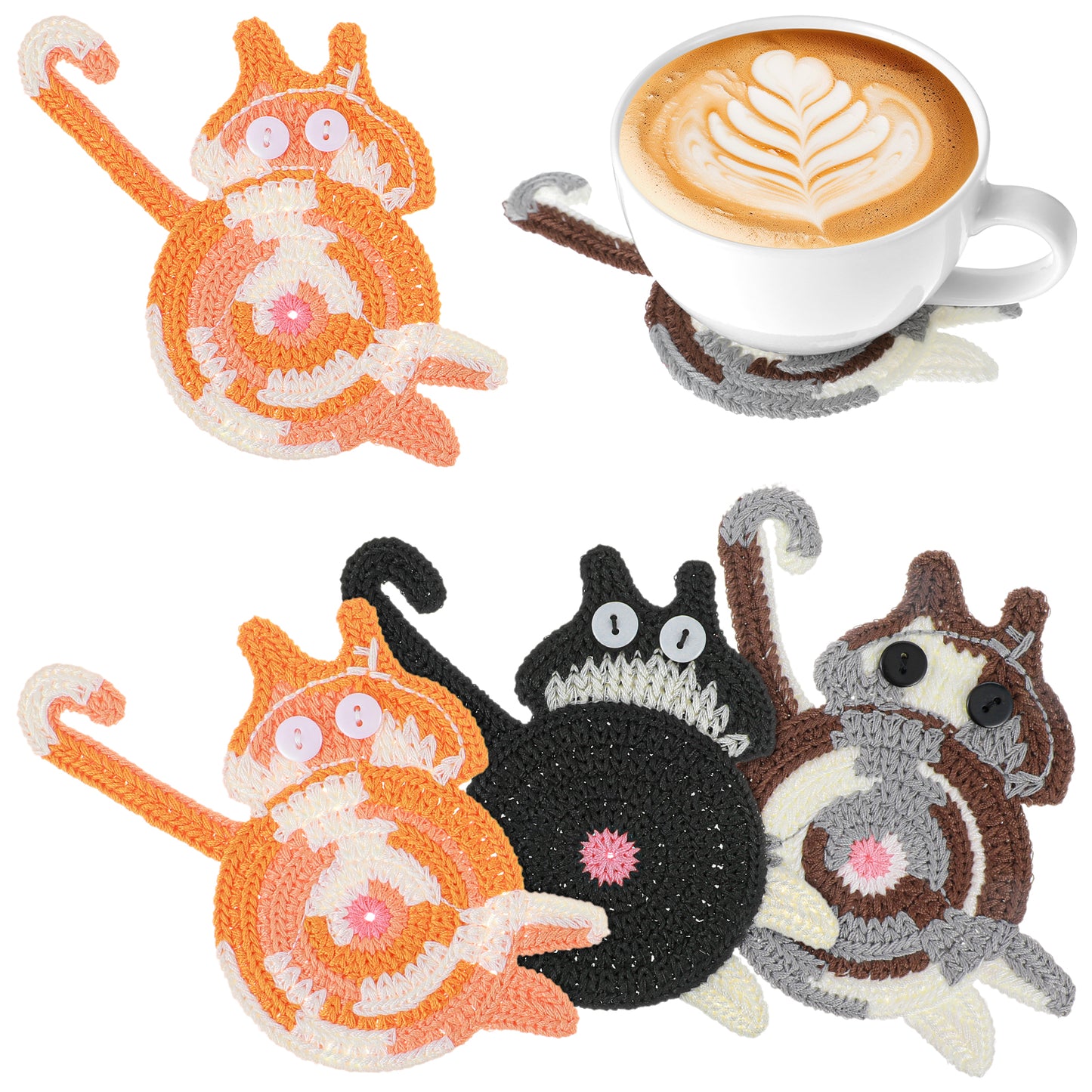 Nogeqi 3 Pcs Creative Cute Cat Coaster for Desk at Work Woven Coasters Knitted Funny Cat Gift Cute Coaster Set Tea and Coffee Coasters Gifts for Cat Lovers for Women Table