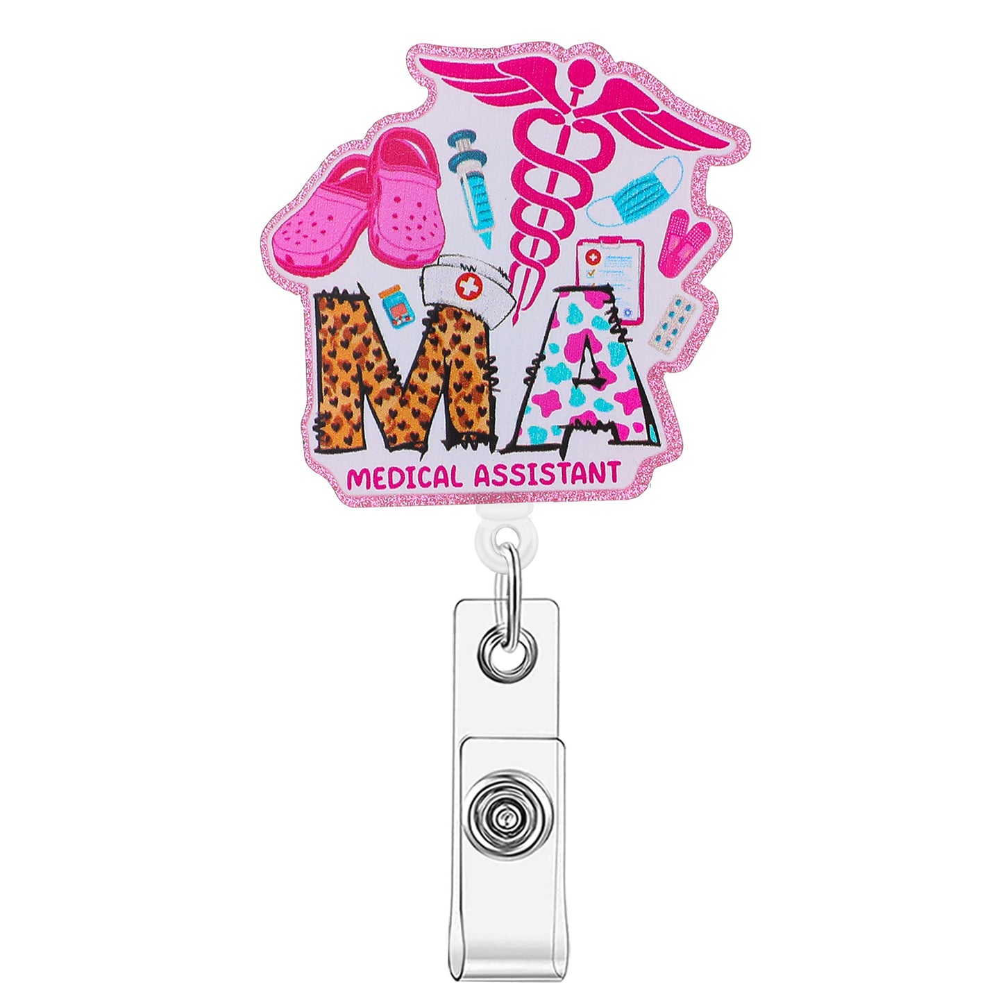 Ymapinc MA Badge Reel Retractable MA Badge Holder Pink Funny Nurse Badge Reel with Alligator Clip Acrylic Glitter Nursing Assistant Badge Reel for Work Hospital Accessories