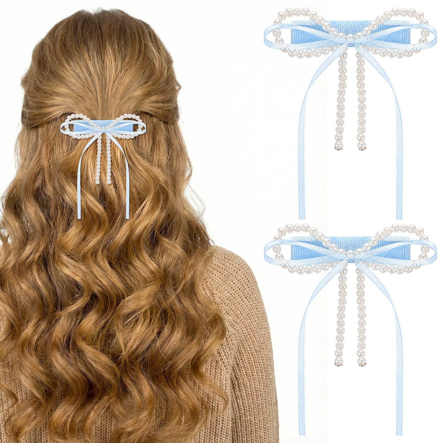 RAHHLIZS 2Pcs Hair Ribbon Bow Clip Blue Pearl Hair Accessories with Long Tail for Women Girls Dress Accessories Wedding Birthday Party Barrettes