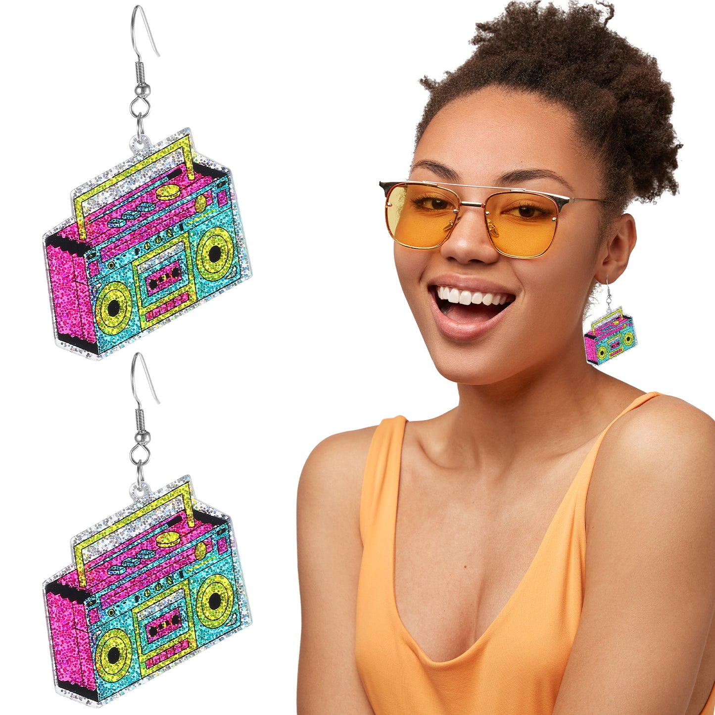 Tyqour 1Pairs 70s 80s 90s Earrings for Women Retro Cassette Tape Earrings Acrylic Drop Earrings Neon Geometric Dangle Earrings for 80's Outfits Cosplay Music Party Halloween Neon Accessories