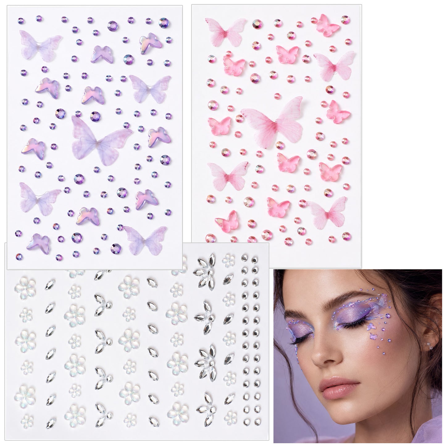 3 Sheets Face Jewels Self Adhesive Butterfly Face Rhinestones Stickers