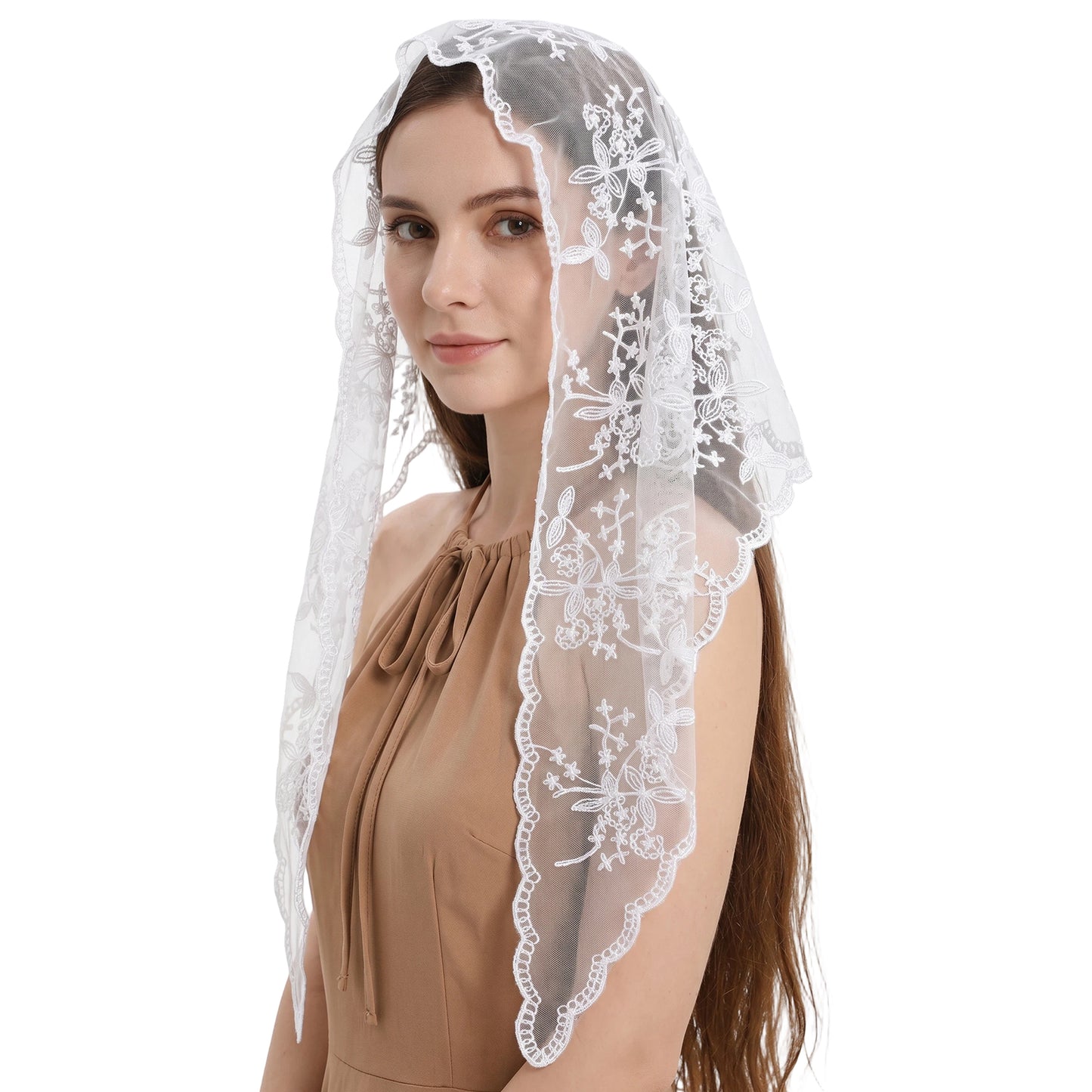 Xinjoduz Lace Mantilla Veil Triangle Catholic Head Scarf for Women (White)