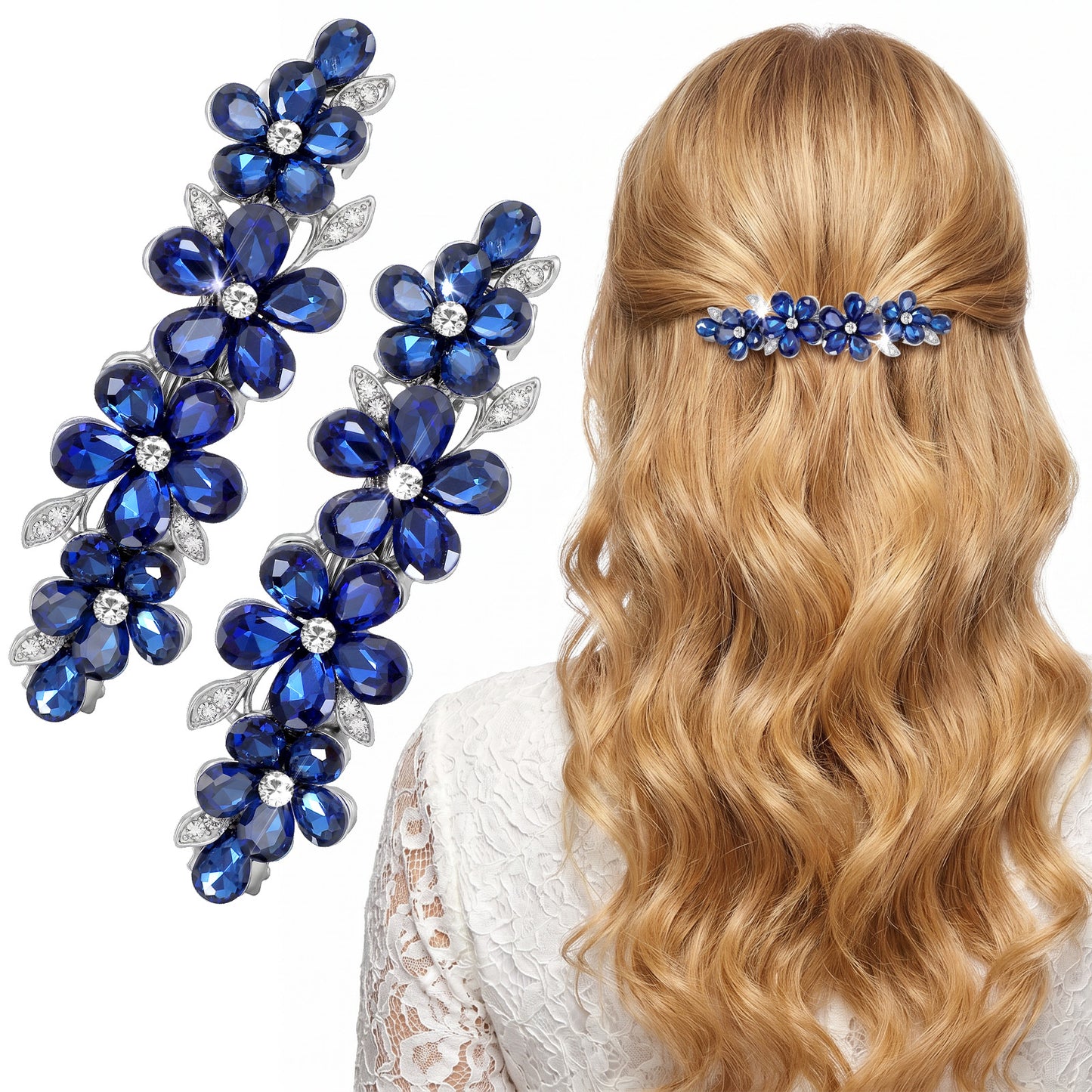 RAHHLIZS 2pcs Blue Hair Barrettes Rhinestone Clips Blue Hair Accessories Crystal Clip Women Hairs Pin Jewelry Sparkling Crystal Stone Barettes