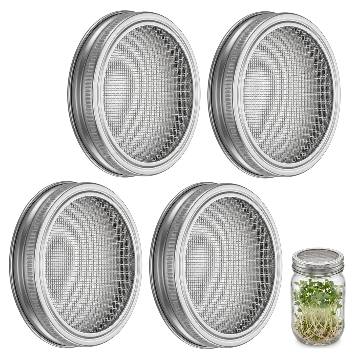 RAHLIZAS 4PCS Sprouting Jar Lids, Stainless Steel Screen Filter Strainer Lid,86mm Wide Mouth Mason Jar Sprouting Lids, Strainer Lid for Seed Sprouting for Bean, Alfalfa, Broccoli