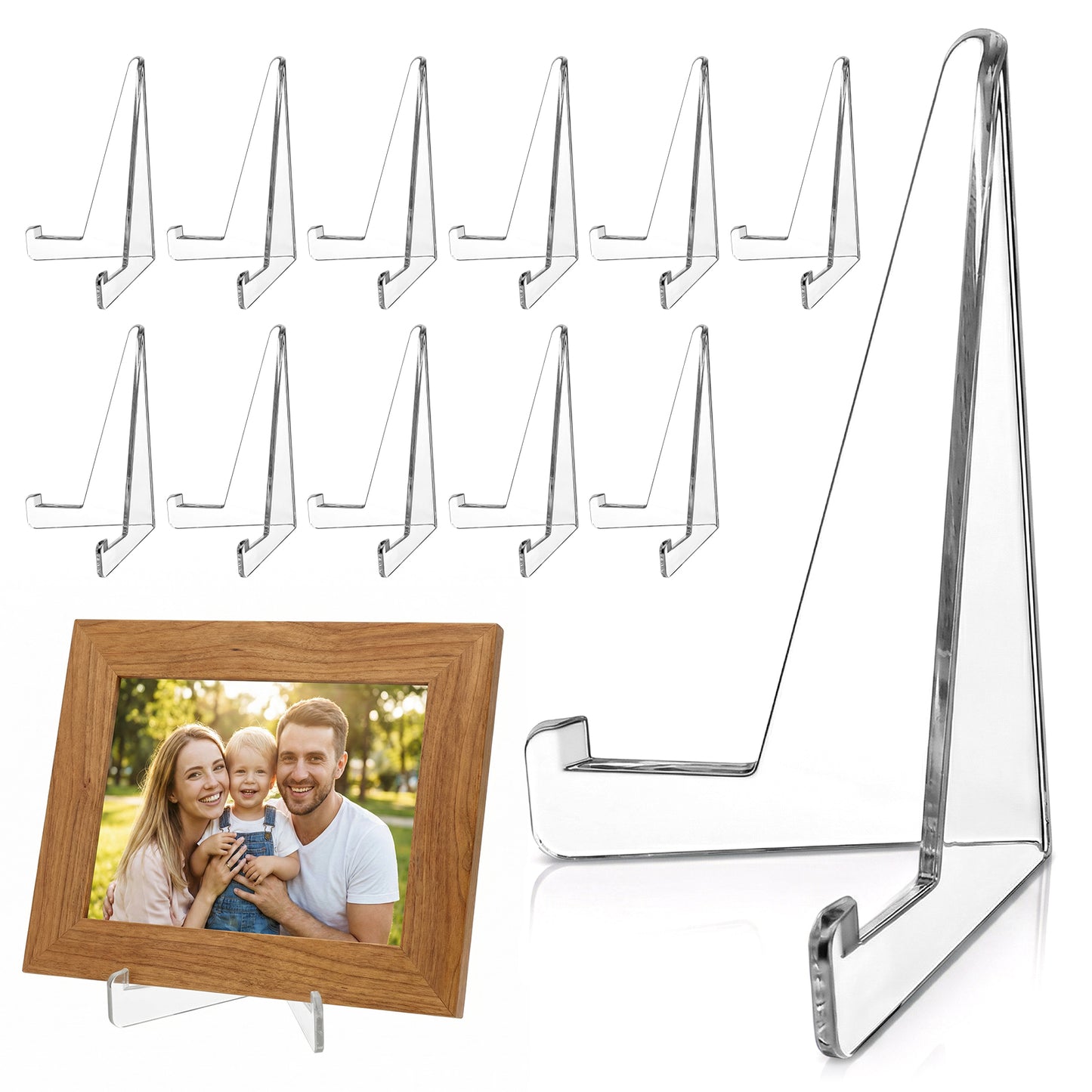 Tyqour 12pcs Clear Acrylic Plate Stands for Display, Mini Folding Plate Holder, Clear Acrylic Easel Display Stands for Pictures Weddings, Birthdays, Home Decoration, Tables
