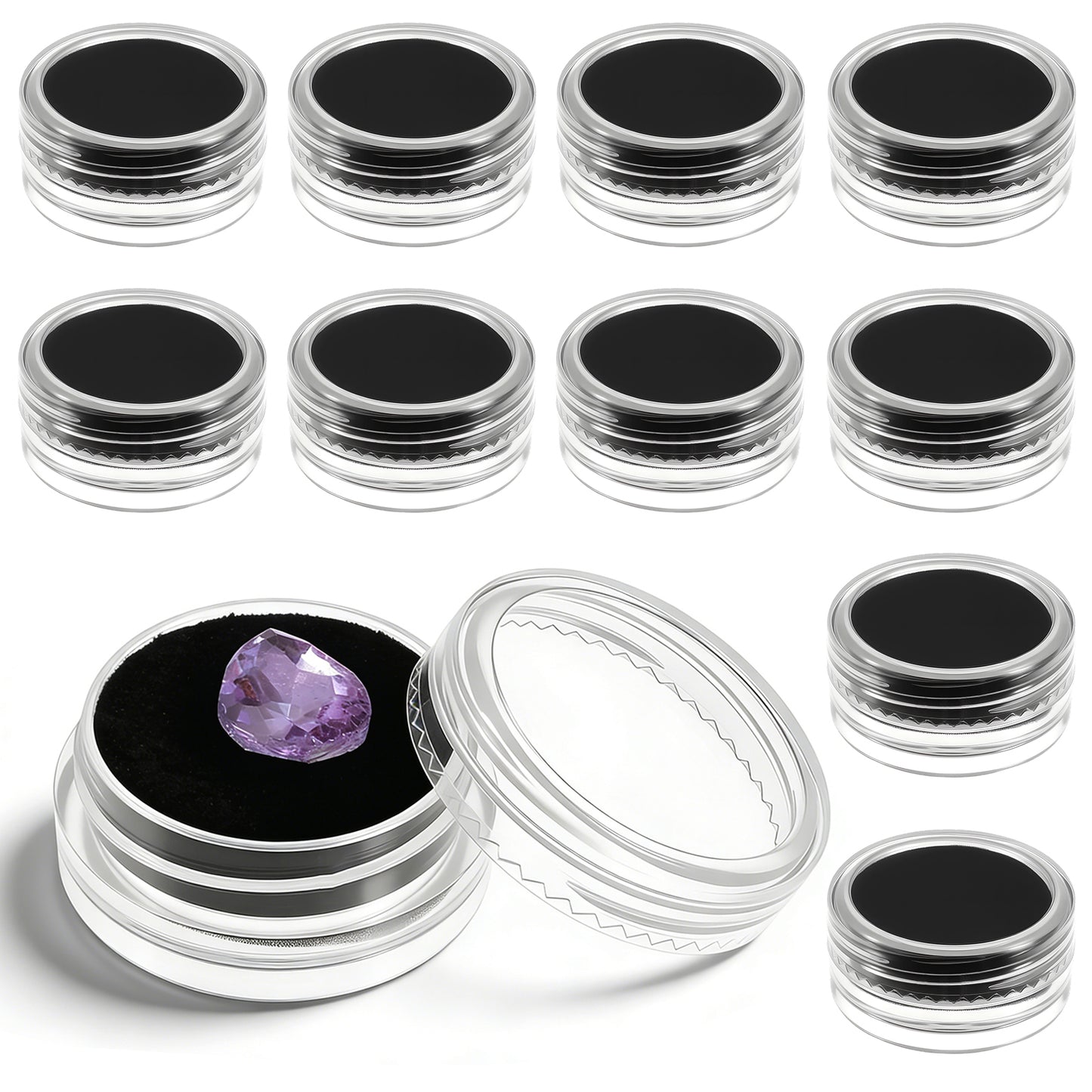 Nogeqi 10PCS Small Gemstone Display Box, Mini Round Gem Box with Clear Lid and Black Sponge, Portable Loose Diamond Boxes for Jewelry Charm Crystal Display Case Holder Show Container
